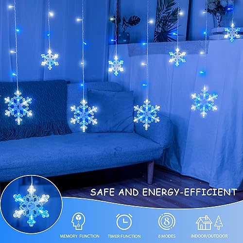 Miniatura 2 de Luces de carámbano de copo de nieve de Navidad, 6.5 pies, 144 luces LED con 12 gotas, temporizador, 8 modos conectables, luz de hadas impermeable