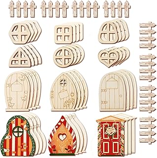Halandar 56 Pcs Fairy Door & Window Craft Kit - Wooden Garden Doors, Mini Fences, Unpainted Miniature Accessories for Home Party Event Decor - DIY Fairy House Decorations (Classic)