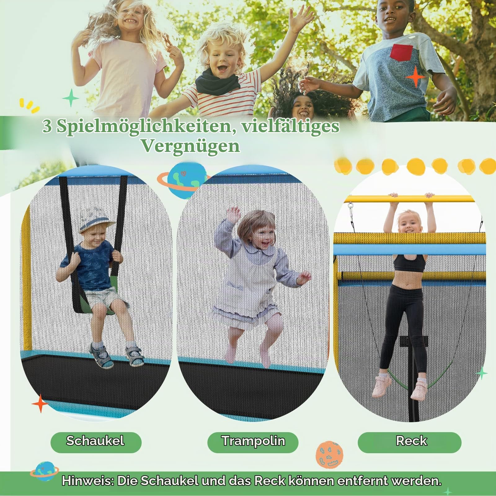 GOPLUS 3 in 1 Kindertrampolin, 190x124x222 cm Gartentrampolin Set mit Schaukel & Horizontalstange, Outdoortrampolin mit Sicherheitsnetz & Randabdeckung