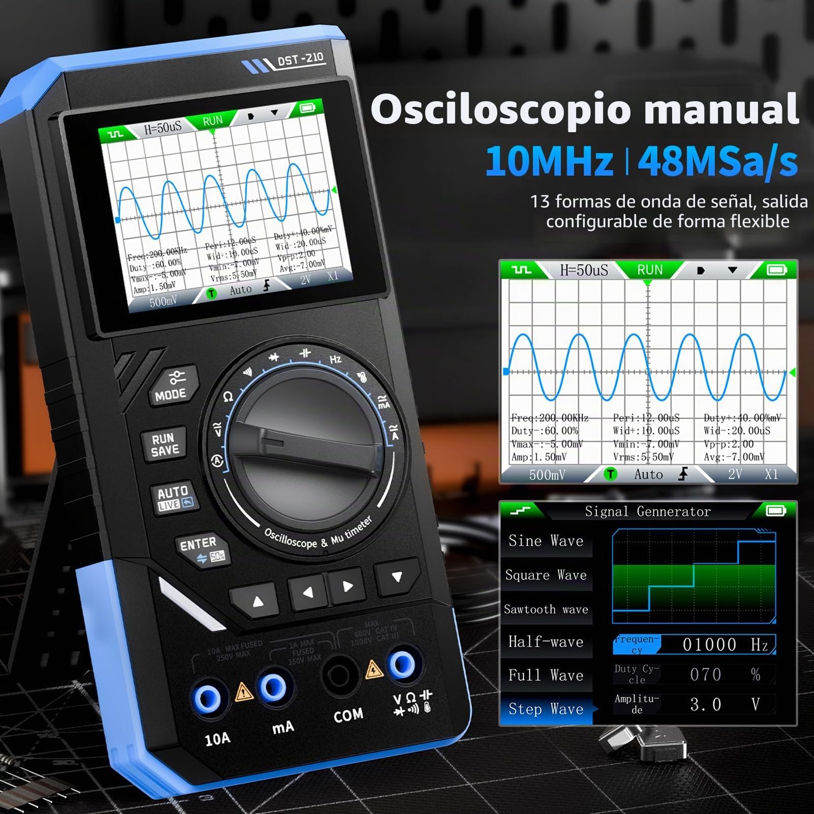 DEWIN Osciloscopio portátil DST-210, 3 en 1 osciloscopio digital multímetro generador de señales ancho de banda de 10 MHz 19999 cuentas 48 ​​MSa/s