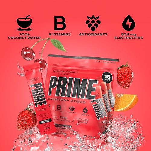 Miniatura 10 de PRIME HYDRATION + Sticks Blue Raspberry  Palitos de hidratación en polvo de una sola porción  Polvo de electrolitos sobre la marcha  250 mg de BCAA,