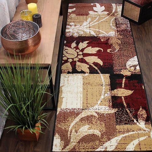 Superior Indoor Runner Rug, Jute Backed, Perfect for Entryway, Office, Living/Dining Room, Bedroom, Kitchen, Floor, Modern Floral Patchwork Decor, Pastiche Collection, 2' 7" x 8', Burgundy