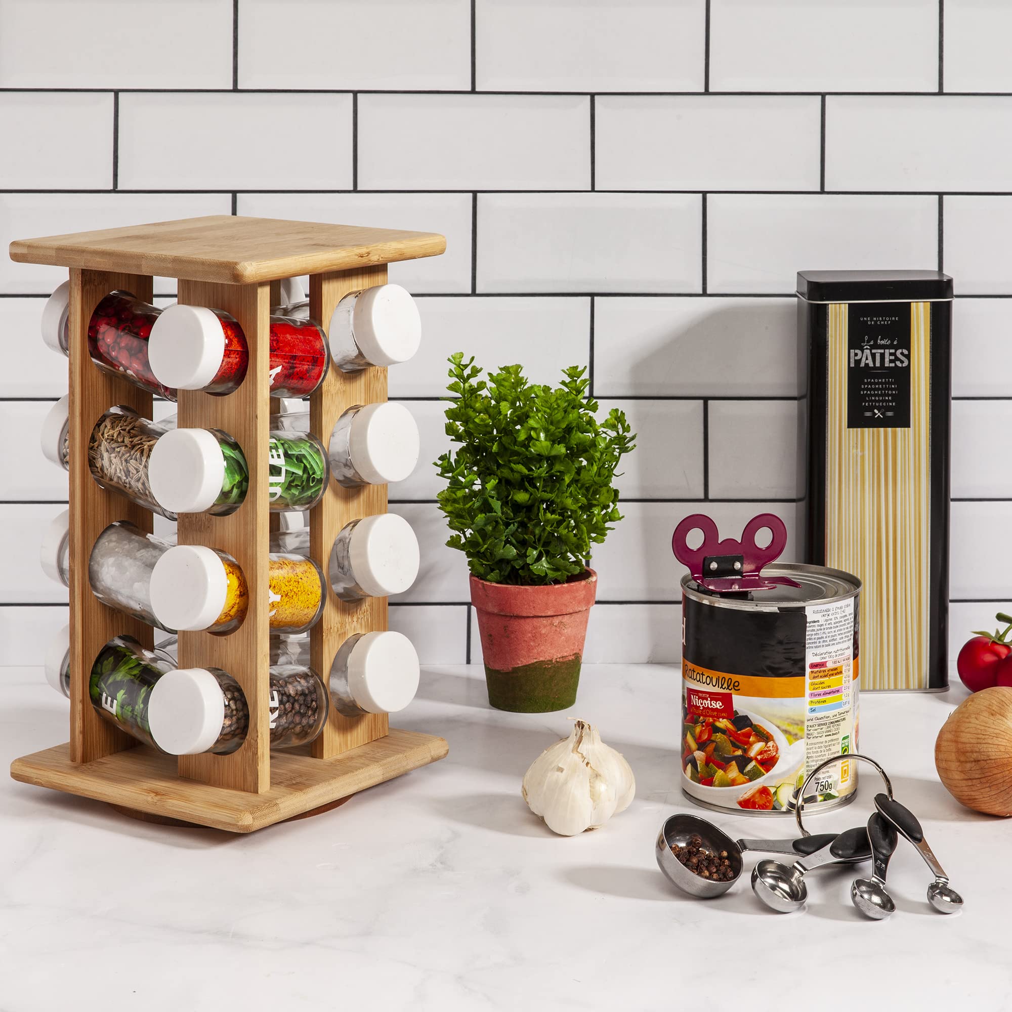 Support à épices Aimanté - 6 Pots En Verre Avec Saupoudreur - Pour Frigo Ou Mur - Inox 15,5x17,5x18,5 Cm - 4