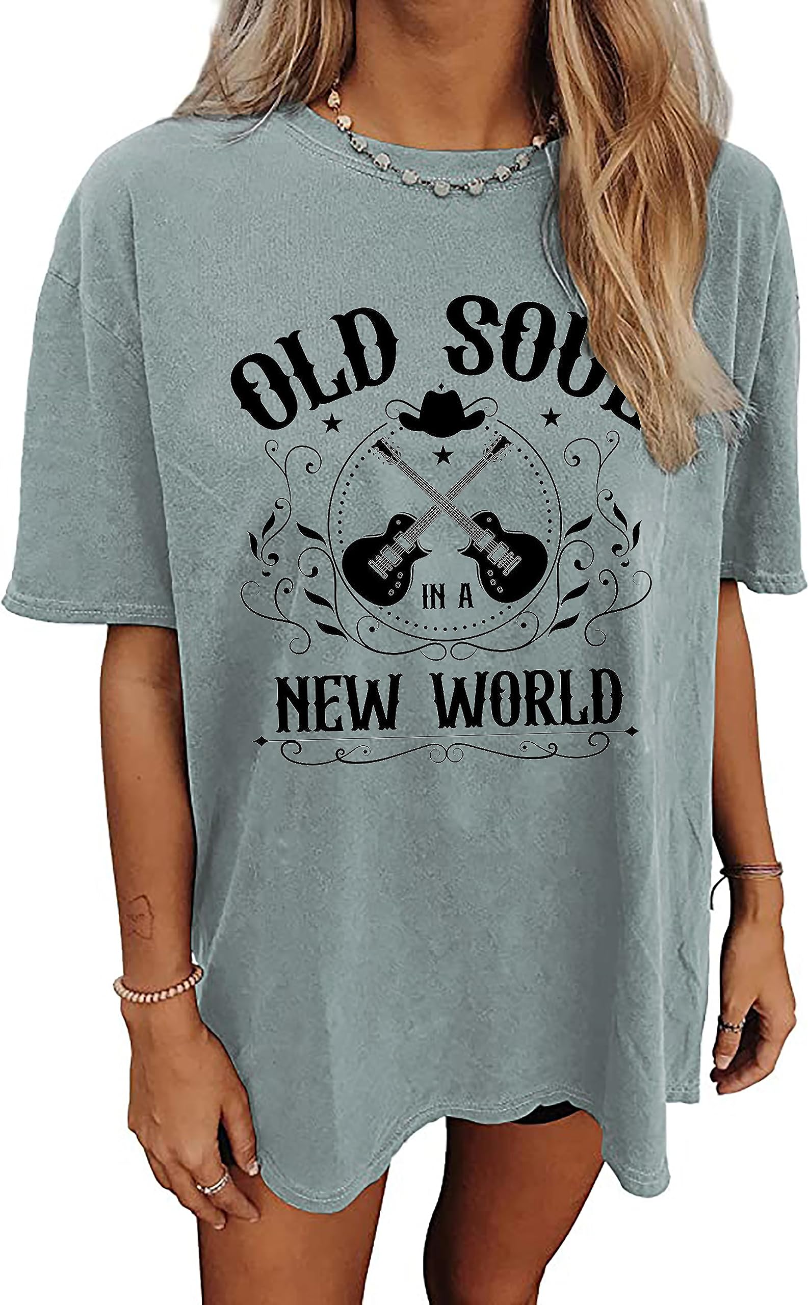 WudladsNashville Music City T-Shirt Women Country Music Oversized Shirts Rock Band Tshirt Vintage Guitar Wings Graphic Tees