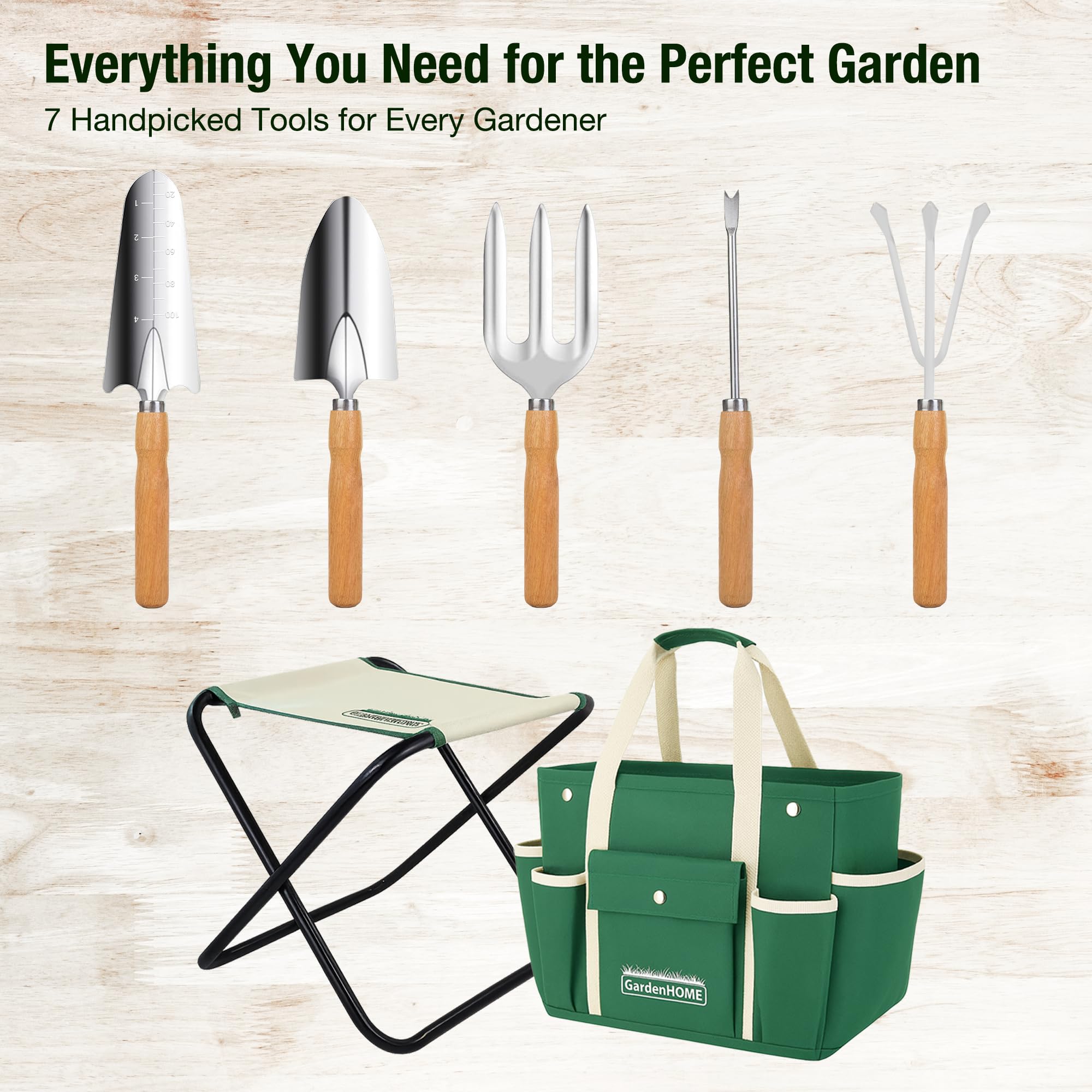 GardenHOME Set di Attrezzi da Giardino 7 Pezzi Kit Giardinaggio, Utensili da Giardino in Acciaio Inossidabile con Sgabello Pieghevole e Borsa
