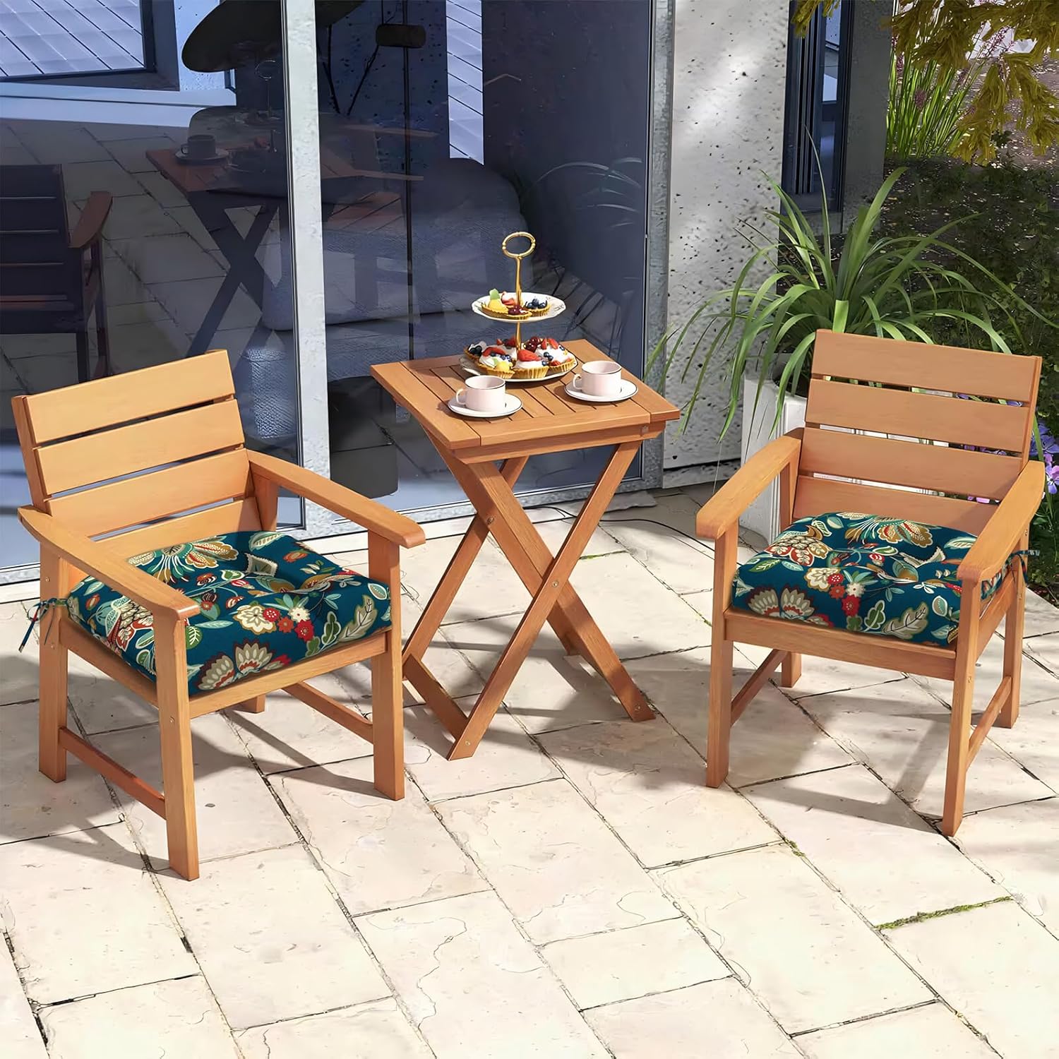 Patio Wicker Chair Cushions, All Weather Outdoor Tufted Chair Pads Pack of 2, 19 x 19 x 4 Inch U-Shaped Seat Cushions of Garden Furniture Decoration, Peacock Blue