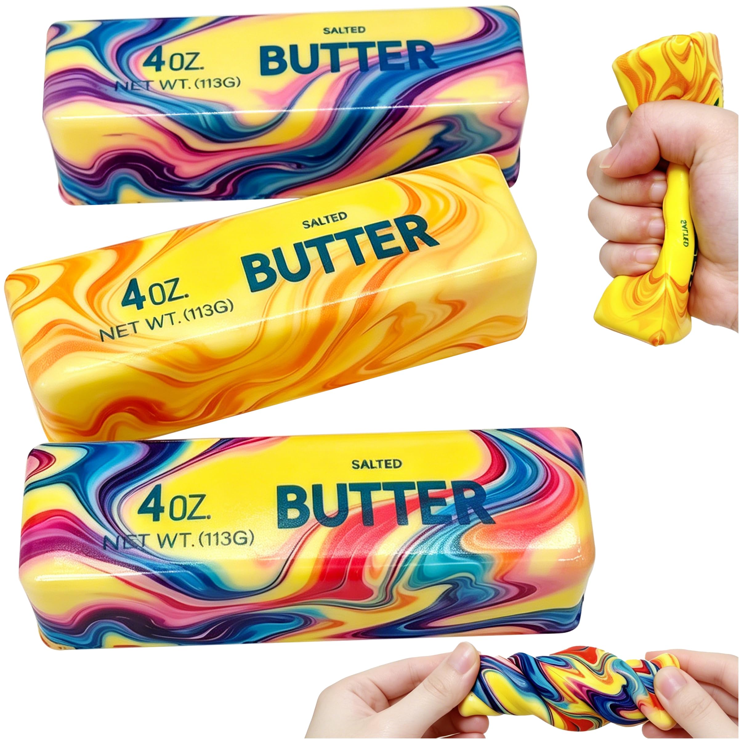 3 Pack Colorful Butter Squishy Set – Rainbow Butter Squishies Slow Rising Fidget Toys, Sensory Squeeze Fidget Sticks for Kids & Adults, Anxiety Relief & Focus Improvement.