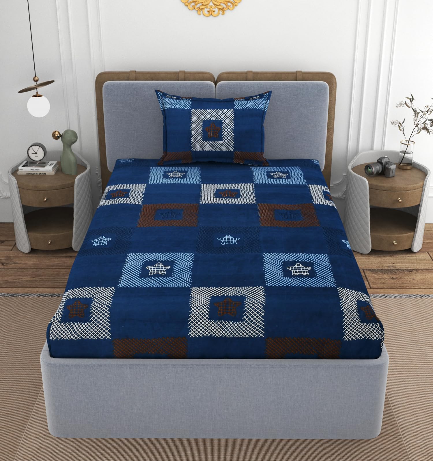 VOMZER Premium 320 TC Fitted Bed Sheet with Full Elastic - Deep Pocket Design - Wrinkle Resistant Fitted Bedsheet 36x72 Single Blue Jali