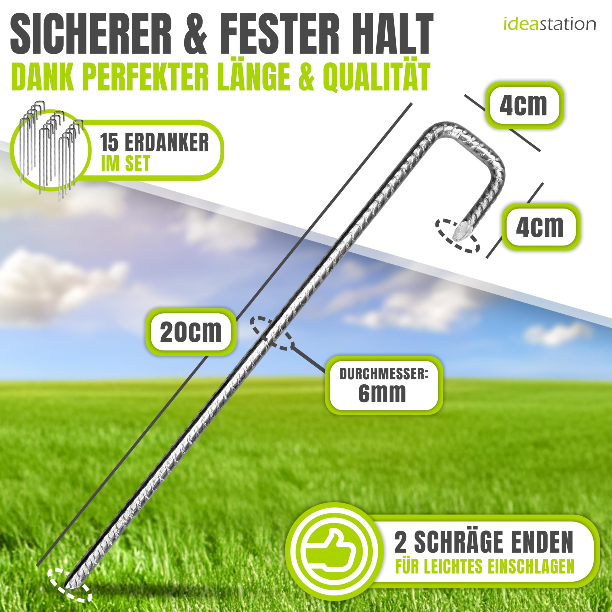 idea-station Zeltheringe - 15 Stück - 20 cm - Ø 6mm - stabile Heringe | Massiver Bewehrungs-Stahl - Erdnägel für Zelte und Camping