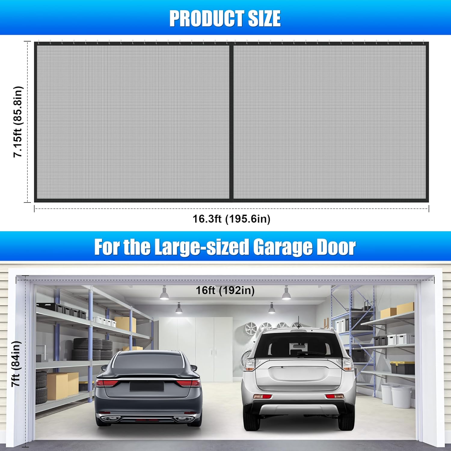 Sliding Garage Door Screen 16x7FT for 2 Car Garage Doors, Magnetic Garage Screen Door with Track Closure, Thicker 265g/㎡ Mesh, 16x7Ft Retractable Garage Door Screen(Patent has Been published)