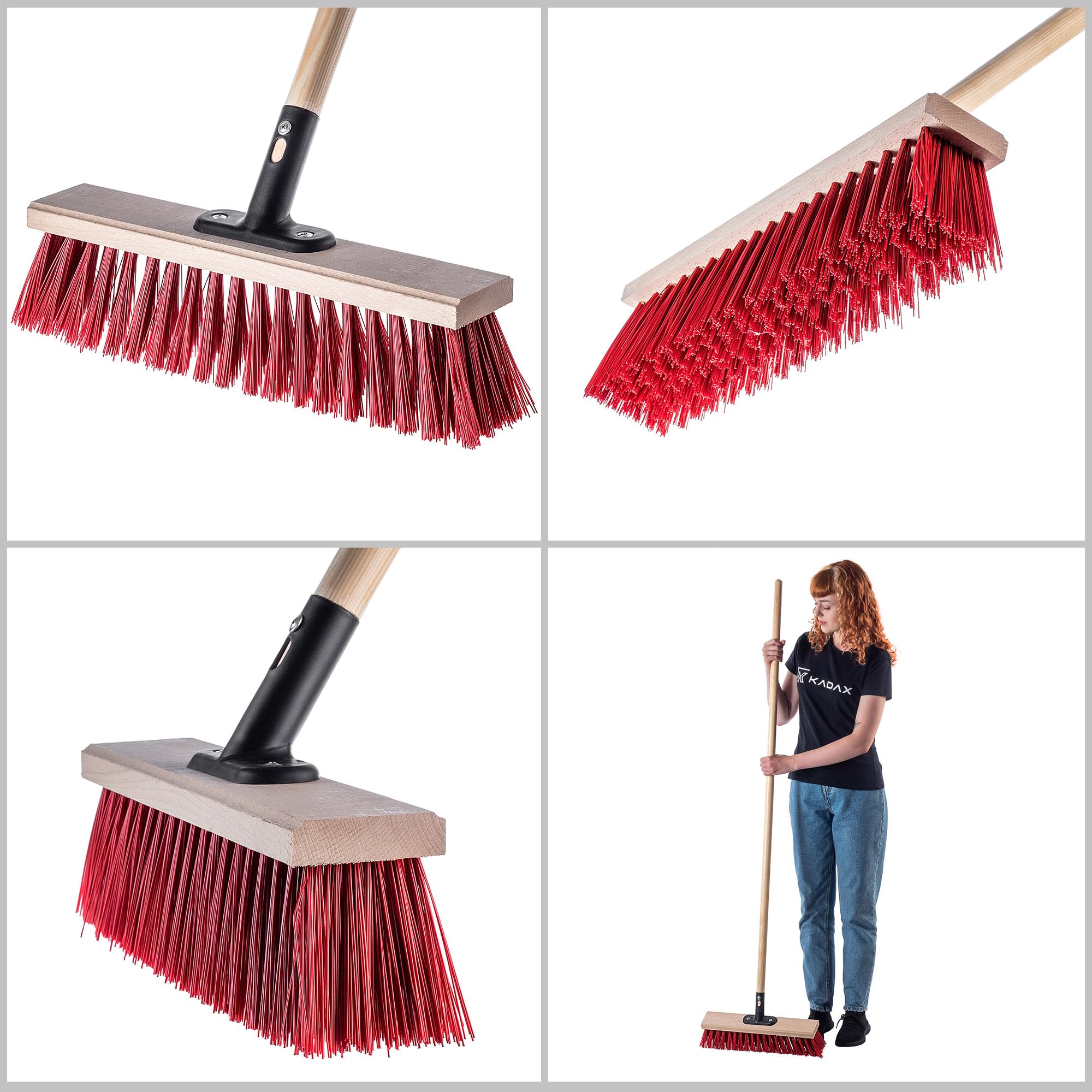 KADAX Barredora de limpieza con mango de madera, cabeza ancha y cepillos largos y rígidos, barredora exterior para barrido de entradas, bordillos y suelos de garaje (rojo, 40 cm)