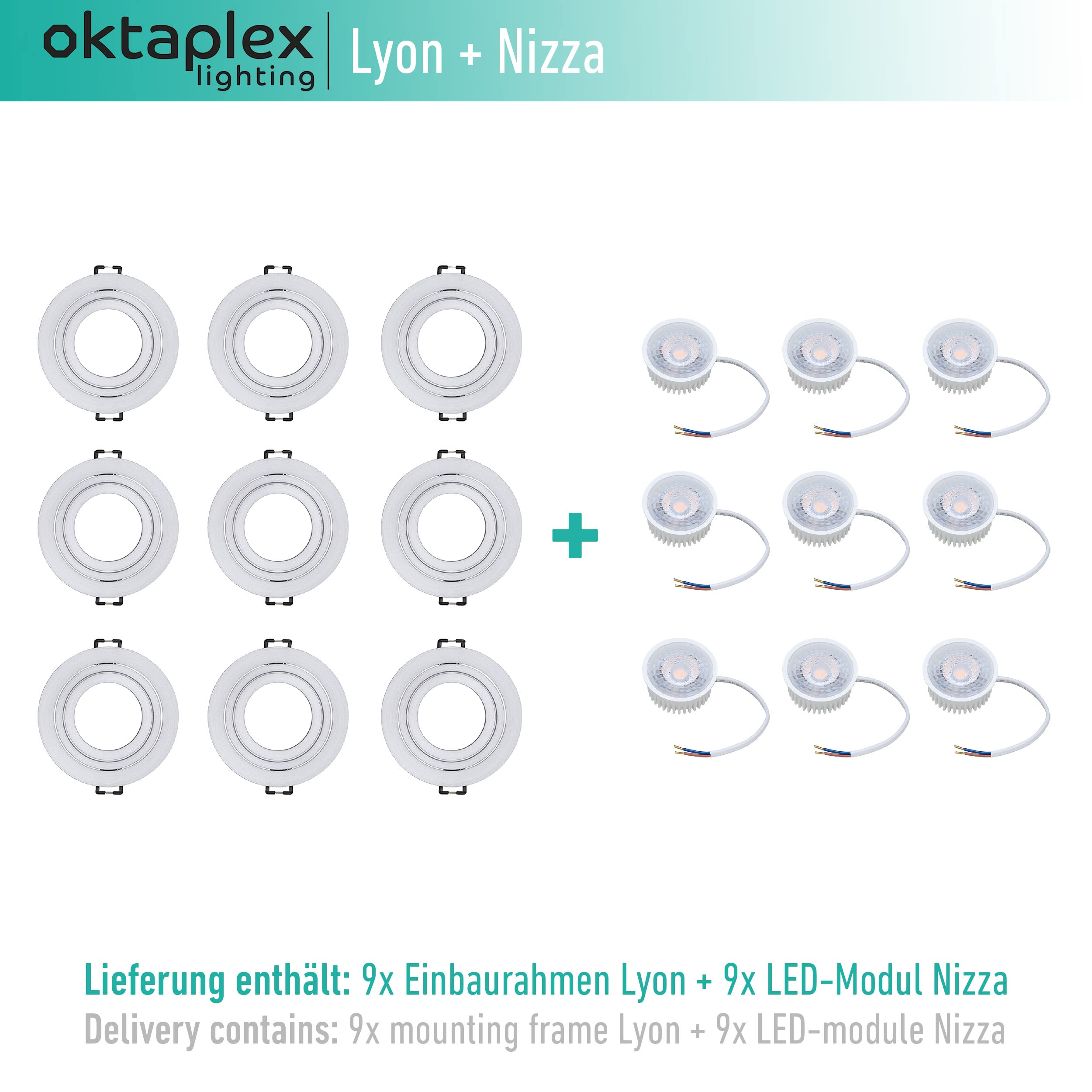 Oktaplex Juego de 9 focos empotrables orientables con módulo LED, 3 niveles regulables, aluminio Lyon, 4,8 W, 3000 K, 230 V, 380 lm, blanco cálido, diámetro de montaje 80 mm, redondo