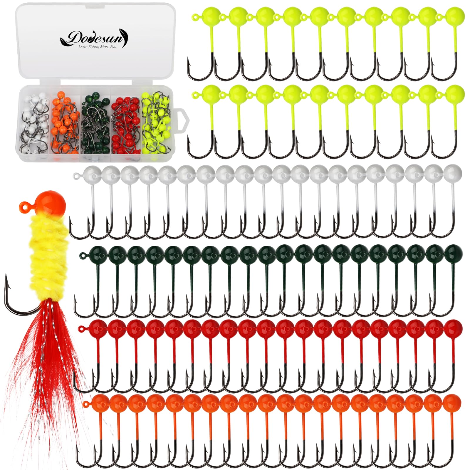 Dovesun 100pcs Fly Tying Jigs Kit, Jig Heads for Fly Fishing 1/124oz 1/80oz 1/64oz 1/32oz 1/16oz Jig Head Small Fly Fishing Hooks DIY Lure Making Kit Suit for Tying Flies | Crappie Lures