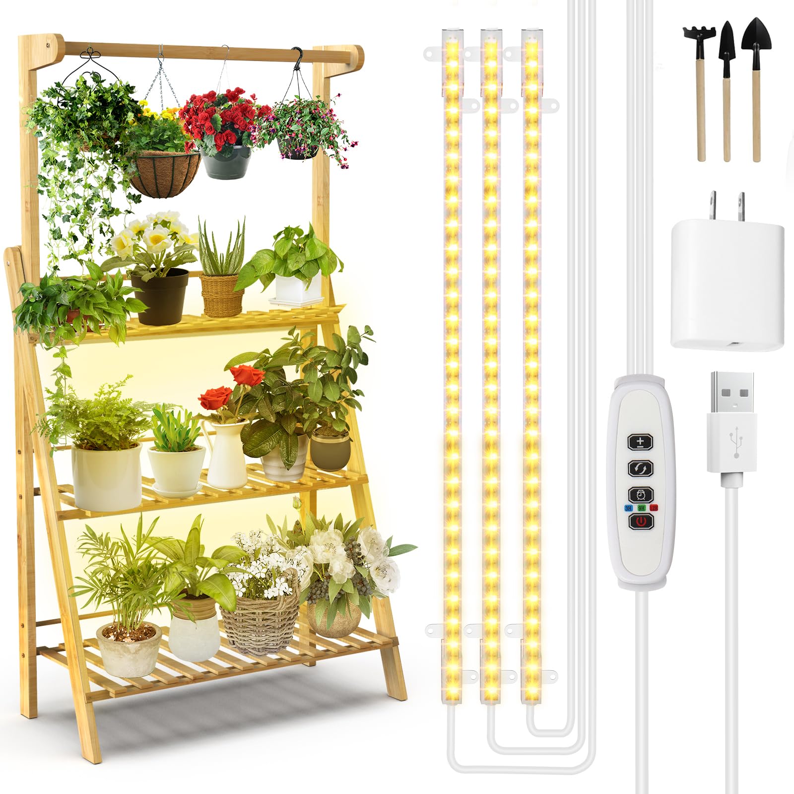 Plant Stand with Grow Lights Indoor Corner - Bamboo Hanging Plant Shelf 3 Tier 12 Potted Tall Flower Planter Cabinet Pot Holder with LED Light Stand for Outdoor Patio Garden