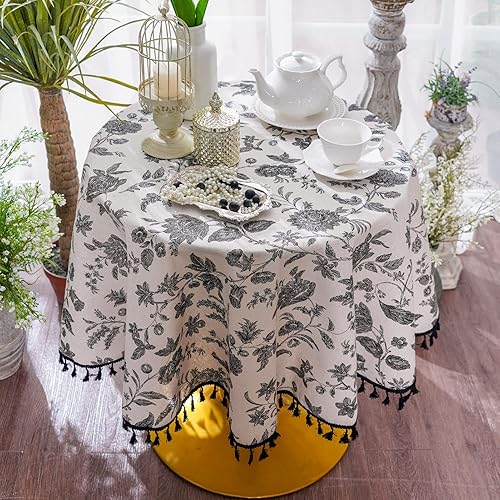 Miniatura 5 de SUTAVIA Mantel de Algodón y Lino Bohemio Negro Floral de Tela Beige con Borlas de Encaje Estilo Granja Antipolvo para Superficie de Mesa del Hogar