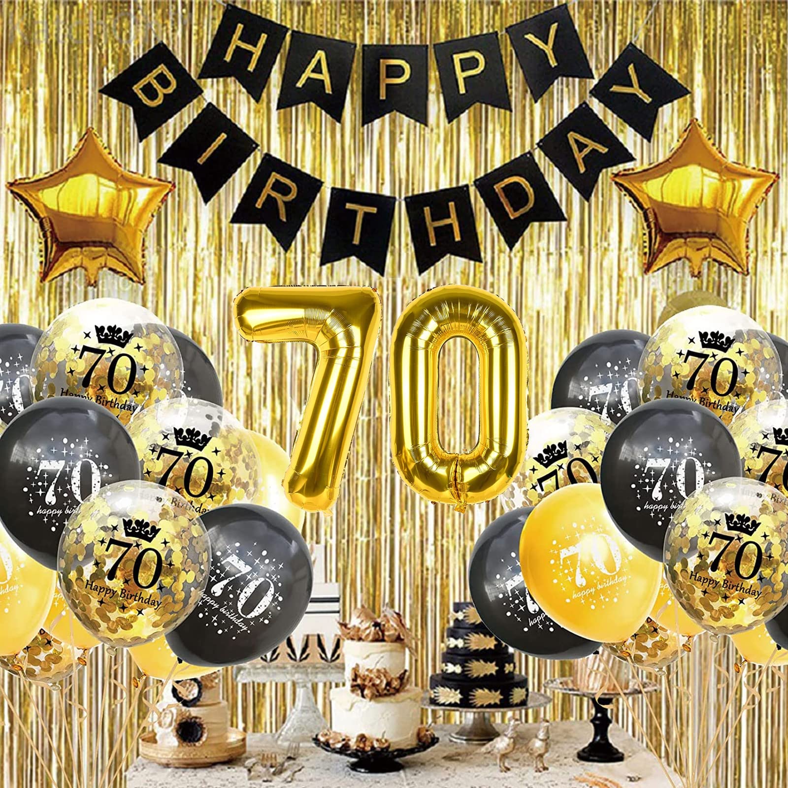Set Decorazioni Palloncini Per 70° Compleanno, Oro E Nero, Include Palloncino 70" 32 Pollici, Striscione, Volute, Palloncini Metallizzati E Lattice, Decorazione Torta