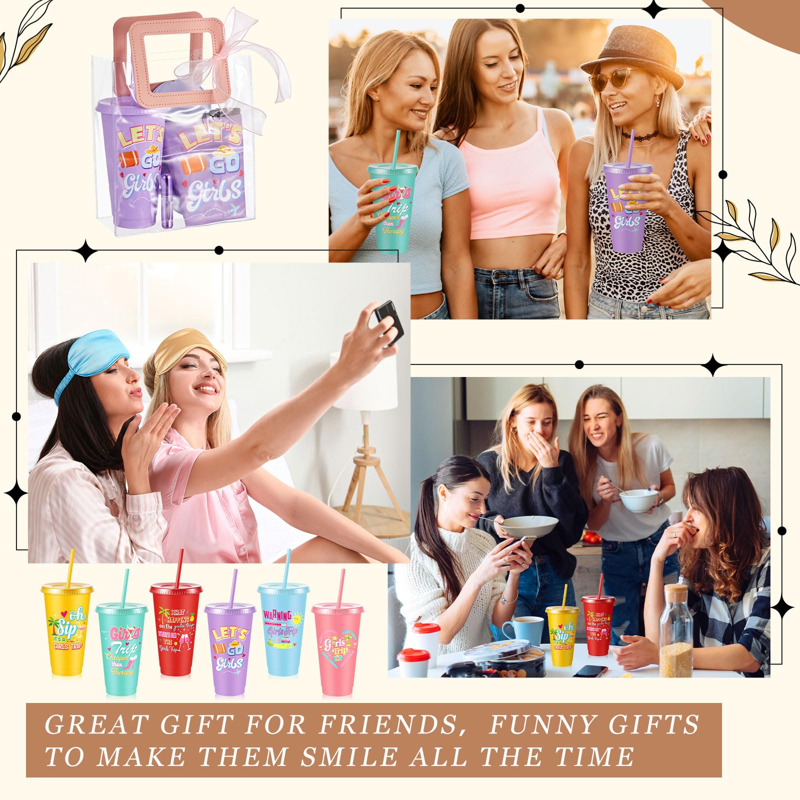 LemonRoad 6 Set/37 Pcs Girls Trip Gifts Plastic Tumbler Cup, Girl Weekend Gift Eye Masks Perfume Travel Bottle Cosmetic Bag Combs for Women Travel Friendship Wedding Bachelorette Party(Bright Color)