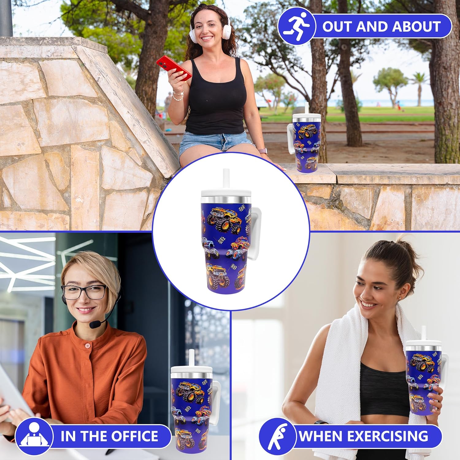 20-OZ Insulated Water Bottle,Insulated Stainless Steel Tumbler,Reusable Cold Drink Thermos,BPA-Free, Double-Wall Stainless Steel Water Bottle (Dark blue-Monster truck, 20, Fluid Ounces) - Image 6