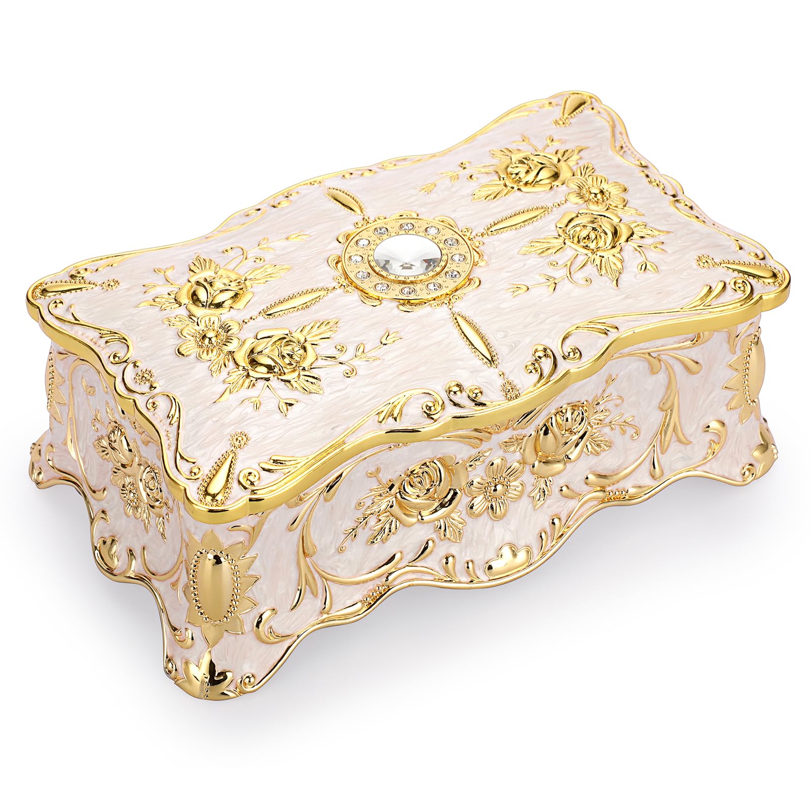 IGNPION Vintage-Schmuck-Aufbewahrungsbox, dekorative Schmuckvitrine für Ringe, Halsketten, Ohrringe-Aufbewahrung, große Metall-Schmucksachen-Organizer-Box (Beige, XXL)