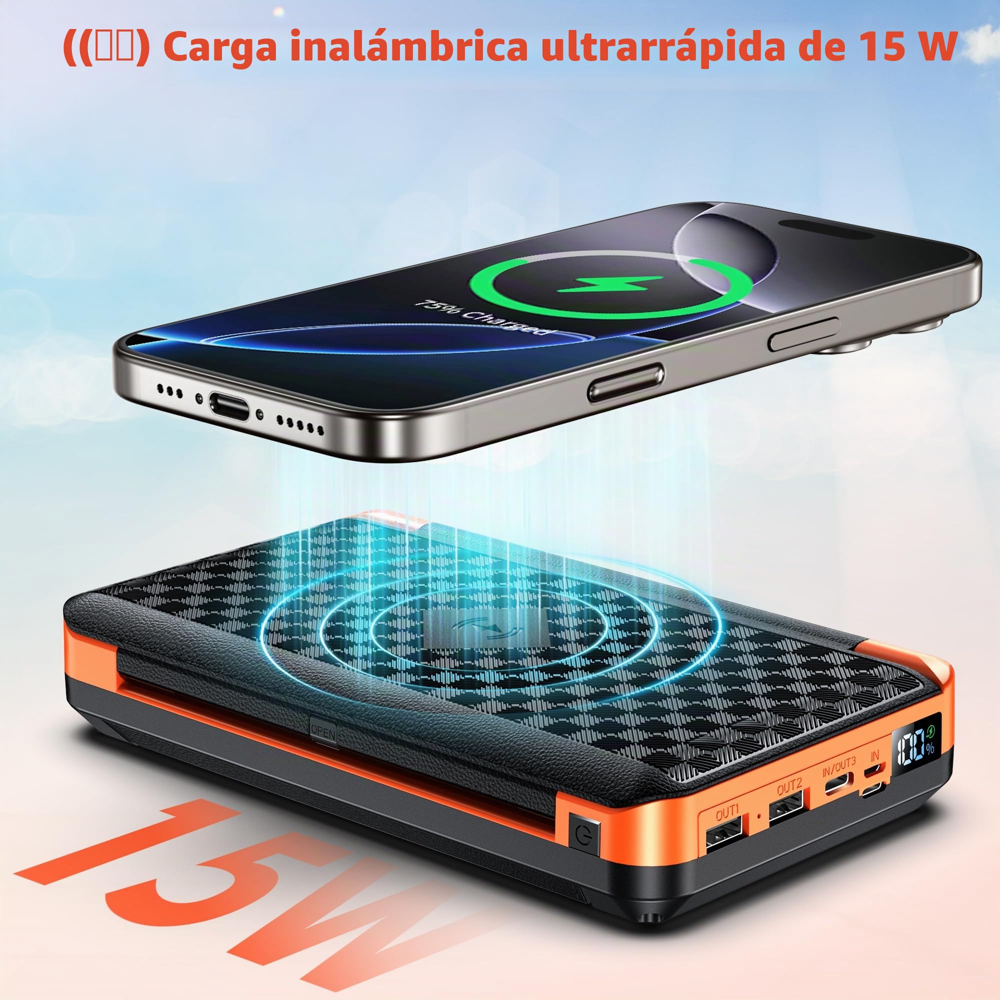 63200mAh Power Bank Solar 3 Paneles Solares Batería Externa de PD 22,5W Carga Rápida con USB-C Carga Inalámbrica Linterna SOS,Pantalla Digital, Ideal para Camping al Aire Libre