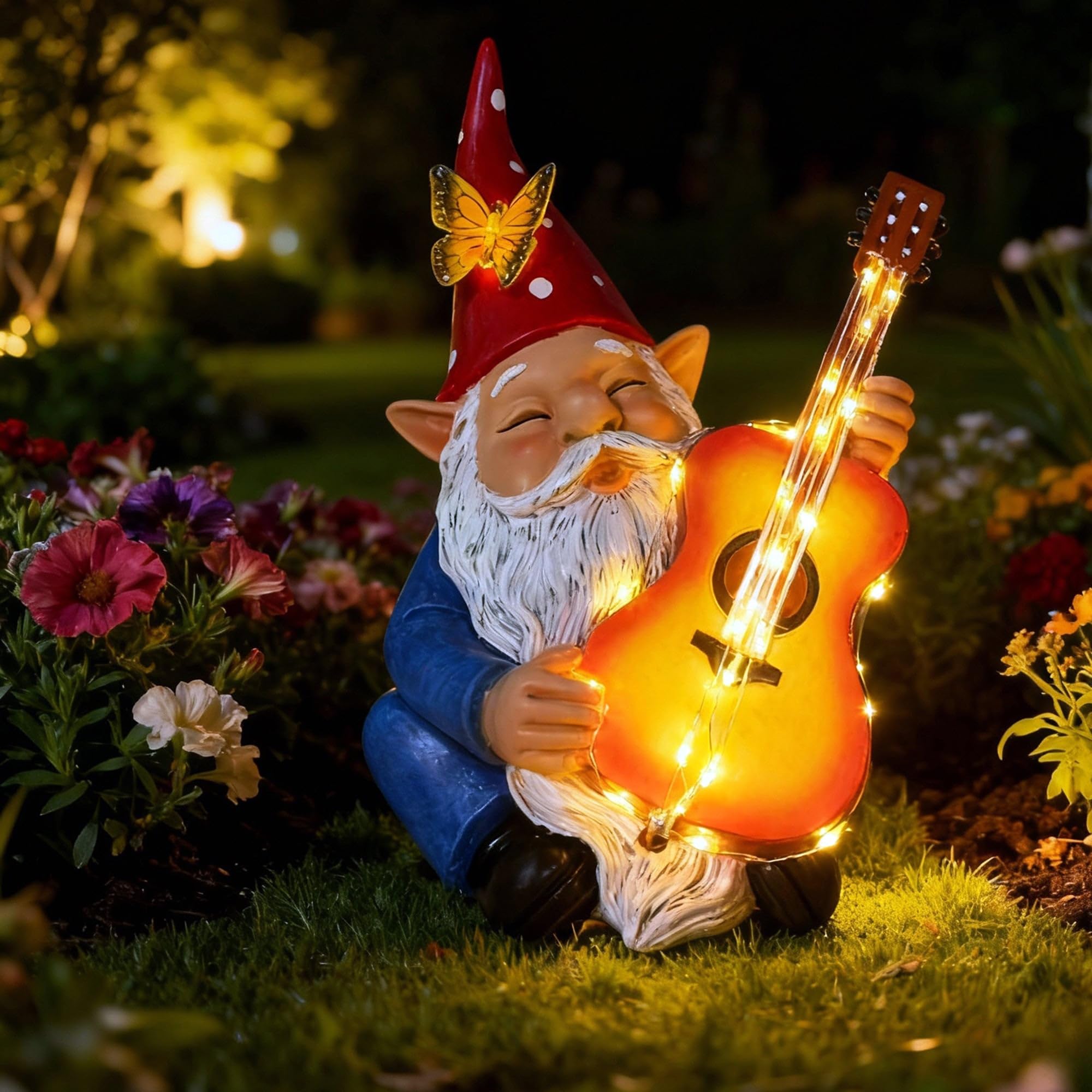 Nain de jardin lumineux solaire hippie pour décoration de cour originale LED