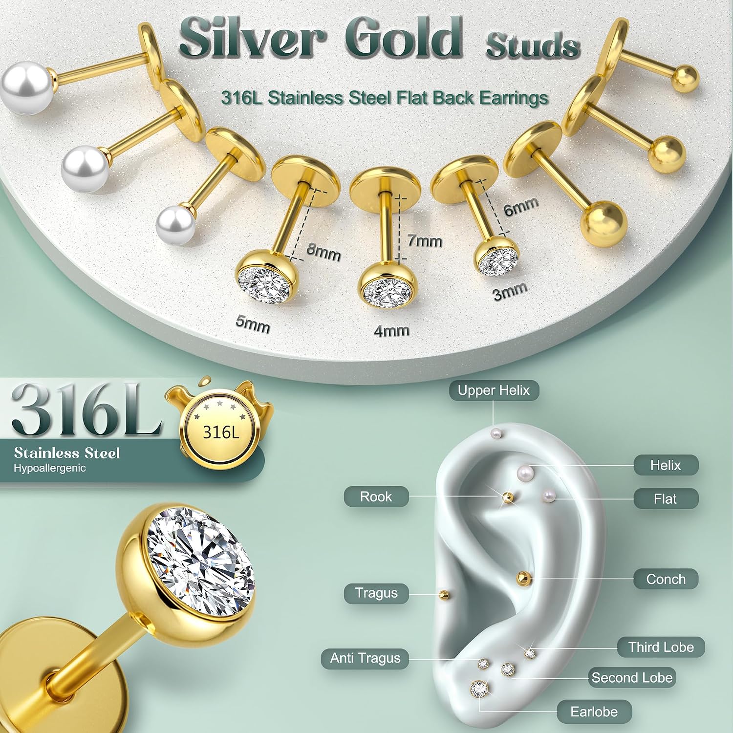 GEMQUEEN Flat Back Earrings Stud : 14K Gold Filled Titanium Surgical Steel Earrings Hypoallergenic for Women Men 16G 18G Cartilage Helix Tragus Conch Medusa Piercing Jewelry Dainty Earring Set 3 Pairs