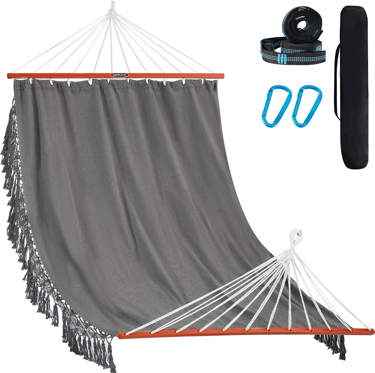 Lazy Daze Cotton Camping Hammock, Double Hammock with 55" Spreader Bar | 2 Person Portable Hammock with, Carrying Bag, Carabiners, Tree Straps for Outside, Backyard 450lbs Capacity, Dark Gray
