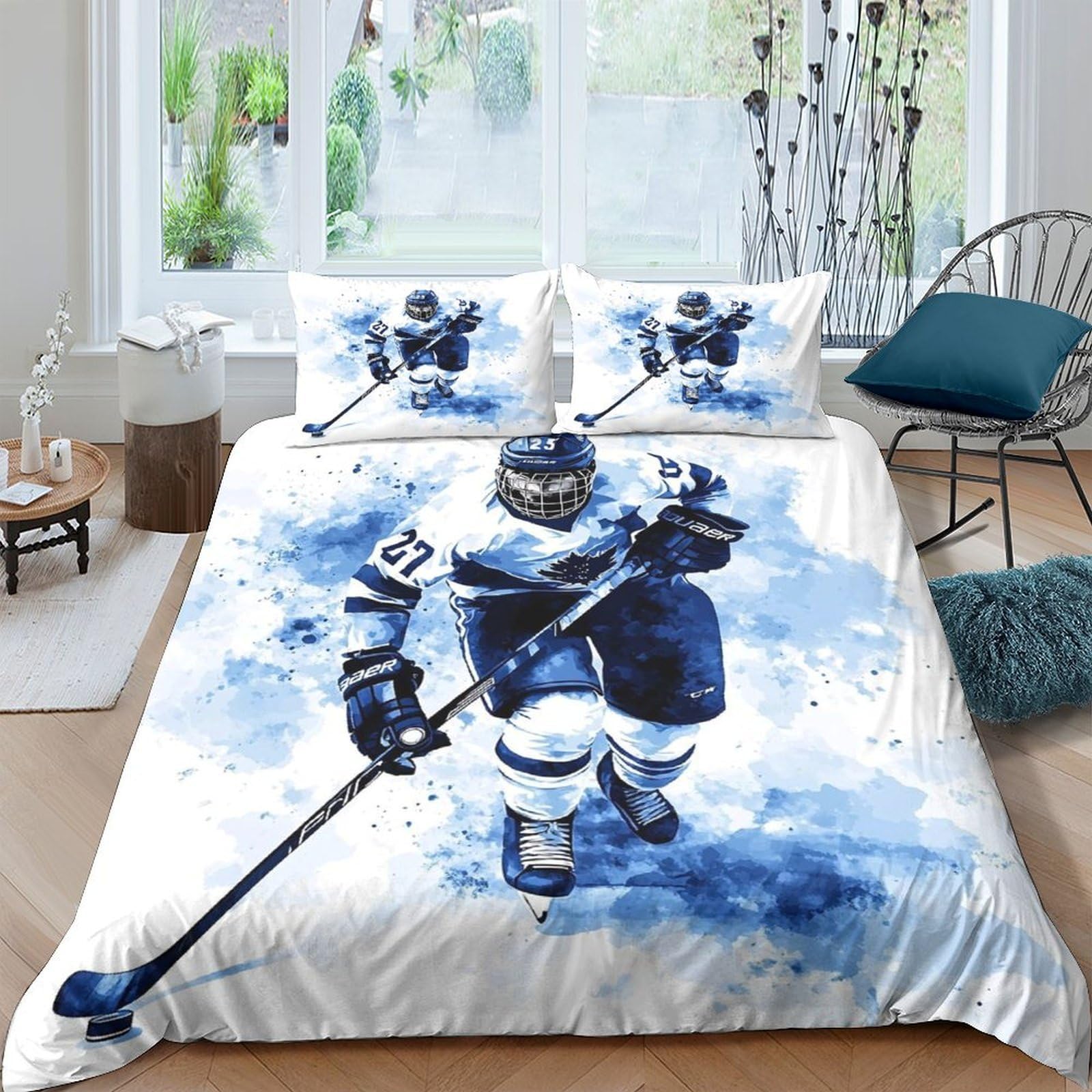 Ctjqhvkz Style-7 3D Printed Ice Hockey Fitted Sheet Microfiber Soft Blue Splash Mattress Cover For Bedroom Guest Room Decor Single（135X200cm）