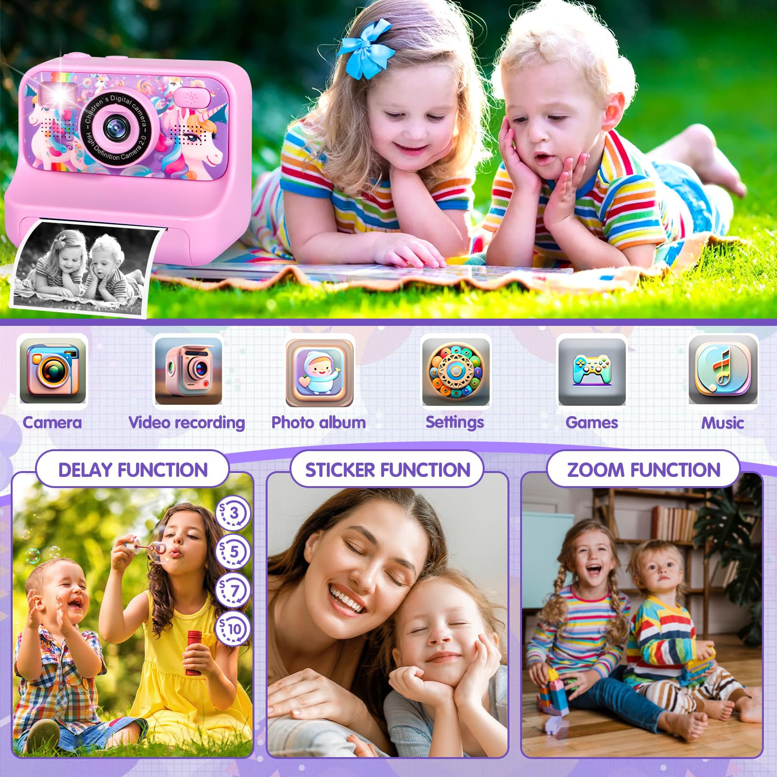 Macchina Fotografica Bambini Istantanea, Fotocamera Istantanea 2.4" 1080P Fotocamera Bambini con 32GB Schede e Carta da Stampa, Modalità Selfie e Video,Regali per Ragazzi Ragazze da 3-12 Anni