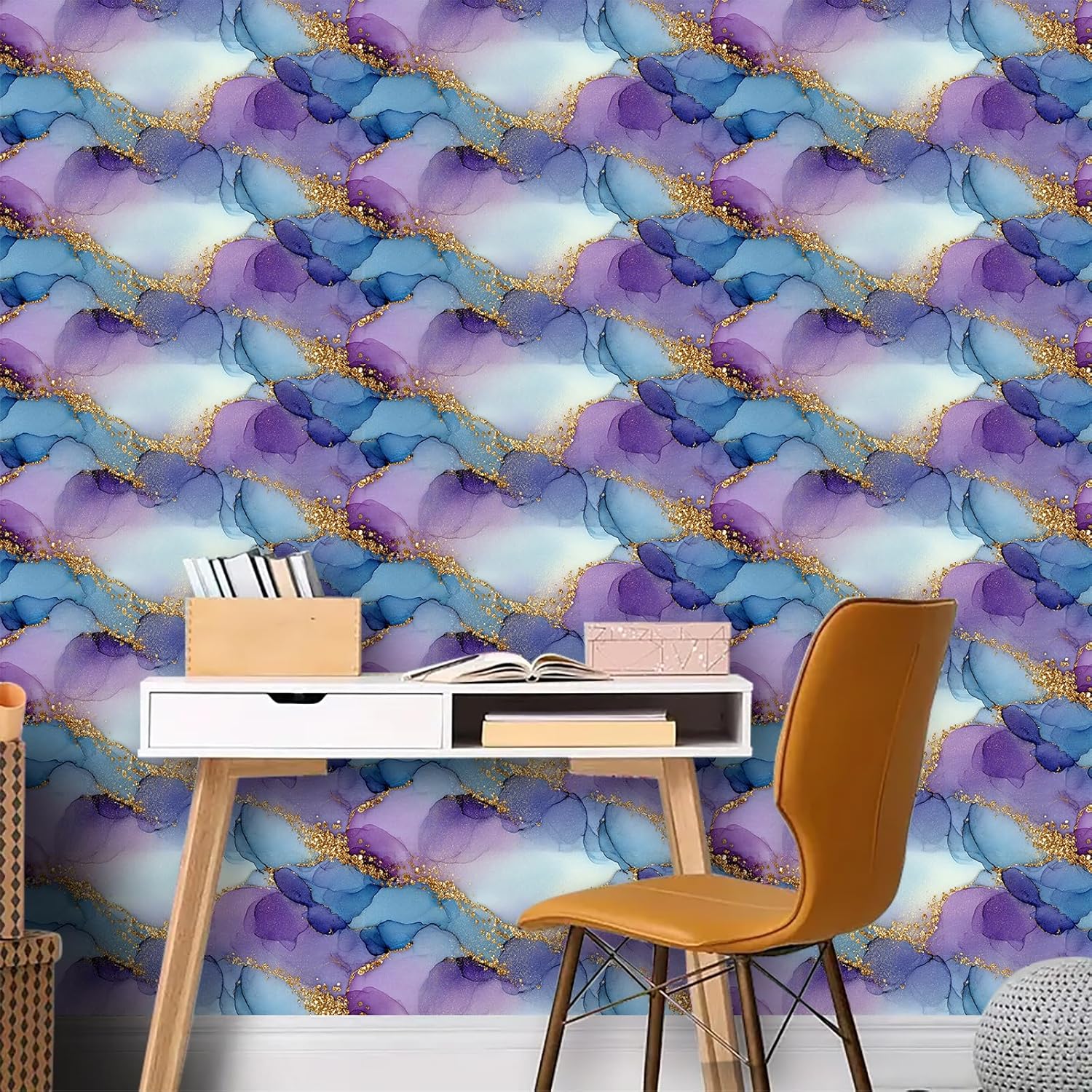Ink Art Wallpaper Peel and Stick 17.7" x 118.1" Purple Blue Marble Contact Paper Removable Self Adhesive Vinyl Wall Decor for Bedroom Studio Glam Accent Wall