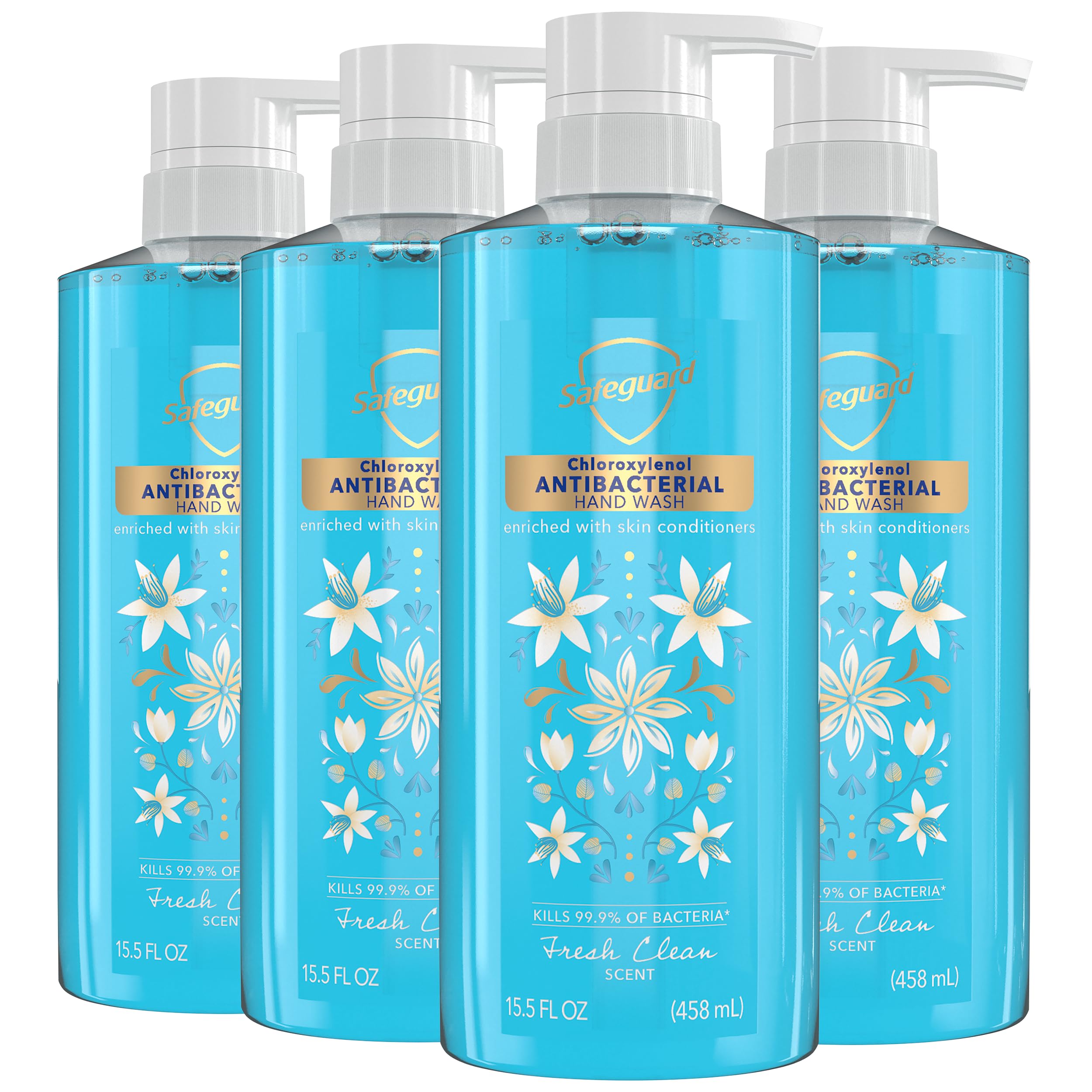 Safeguard Antibacterial Liquid Hand Soap, Micellar Deep Cleansing, Washes Away 99% Bacteria, Made with Natural Moisturizers & Skin Conditioners, PH Balanced, Fresh Clean Scent 15.5 oz (Pack of 4)