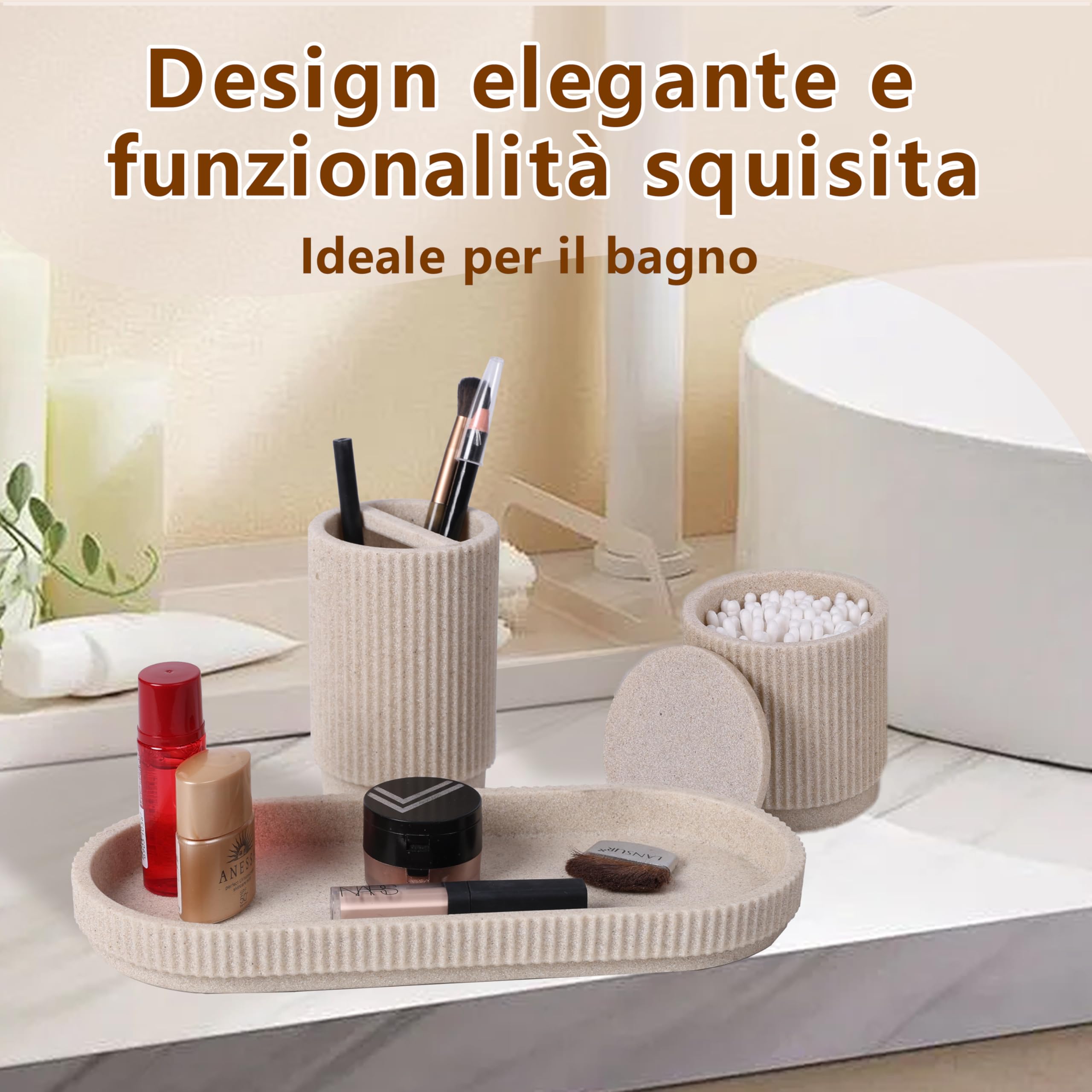 Set Bagno 6 Pezzi – Dispensatore Sapone + Set Bicchiere Dentifricio con Vassoio & Porta Cotton Fioc – Design Righe (Beige), Resina Premium – Include Portaspazzolini & Organizzatore