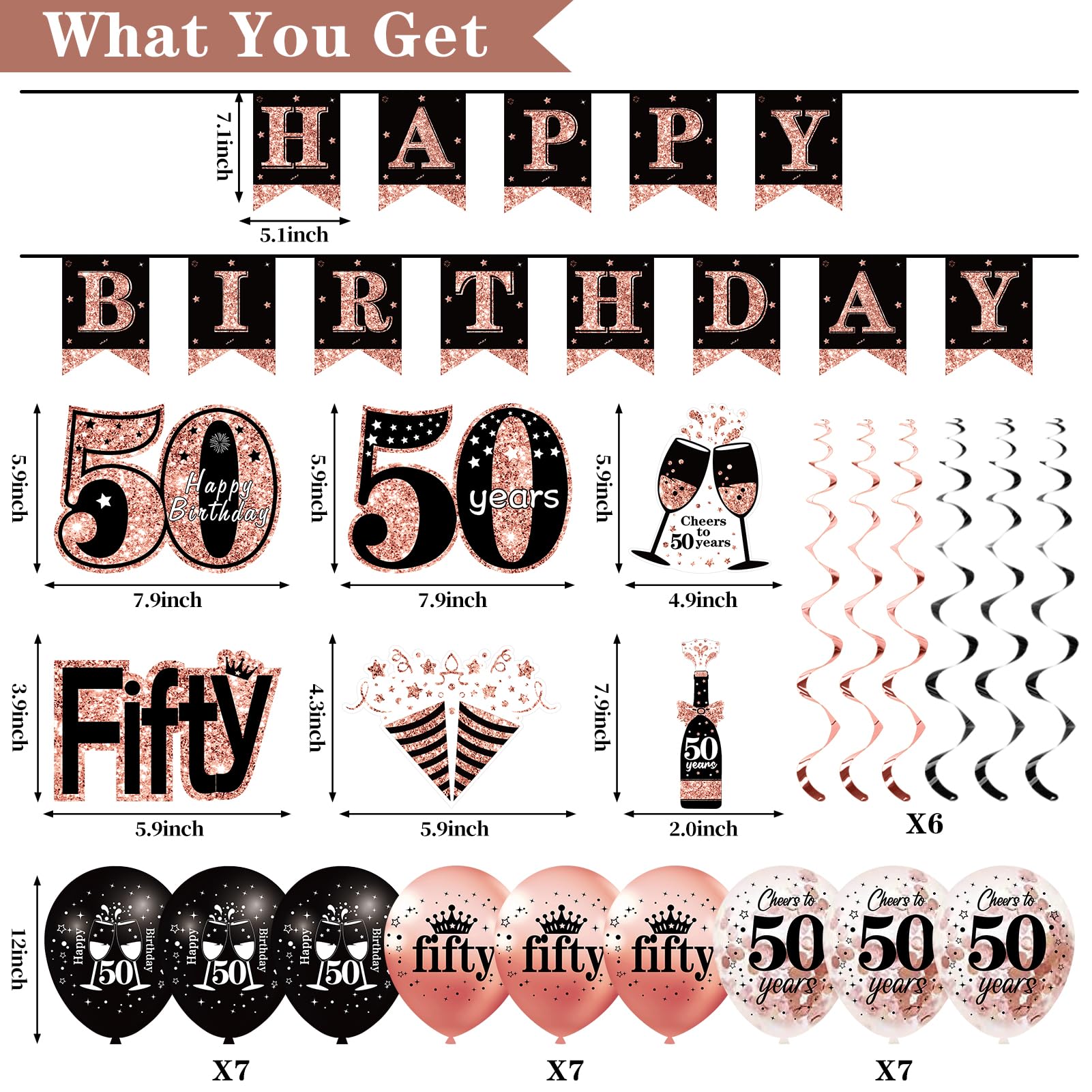 50th Birthday Decorations for Women, 33pcs 50th Birthday Crown and Sash, Black Rose Gold Happy 50th Birthday Banner Balloons Backdrop Hanging Swirls Paper Fans, 50 Years Old Birthday Decorations Kit