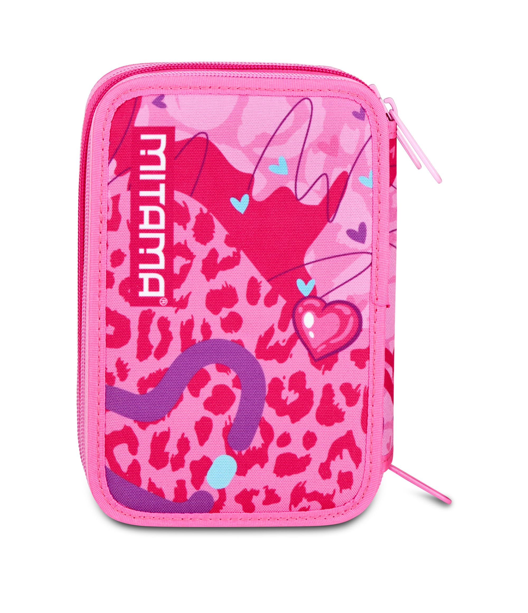 Mitama Trousse scolaire 3 compartiments, triple FURRYPINK, contenu 47 pièces, avec crayons, marqueurs, porte-stylo école primaire fille