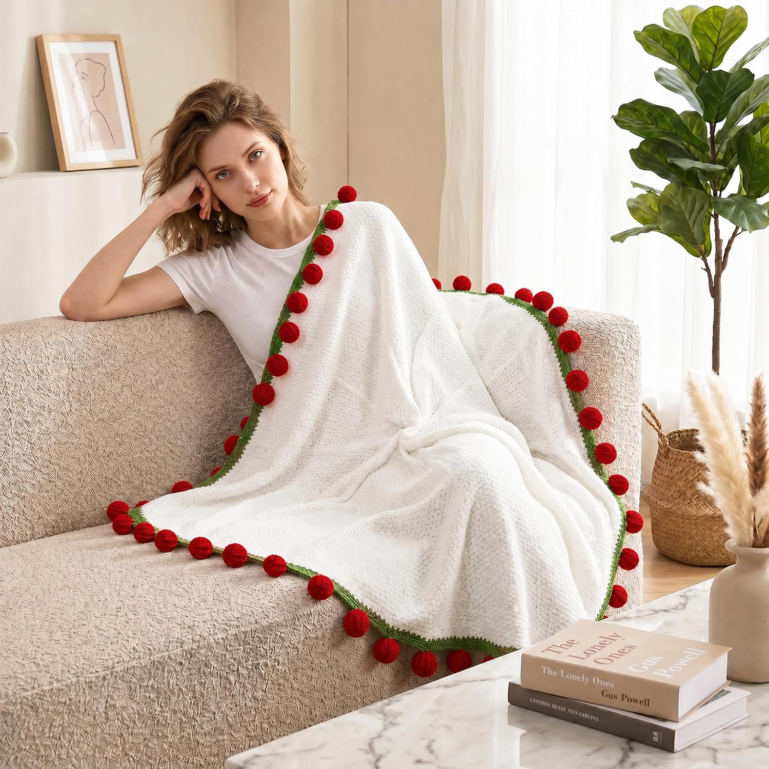 Ivydale Crochet Flower Bouquet Throw Blanket, Handmade Knitted Blanket with Rose Flowers, Cute Romantic Gift for Her Girlfriend Mom Mother’s Day Valentine Wedding Anniversary Birthday, Pink and White