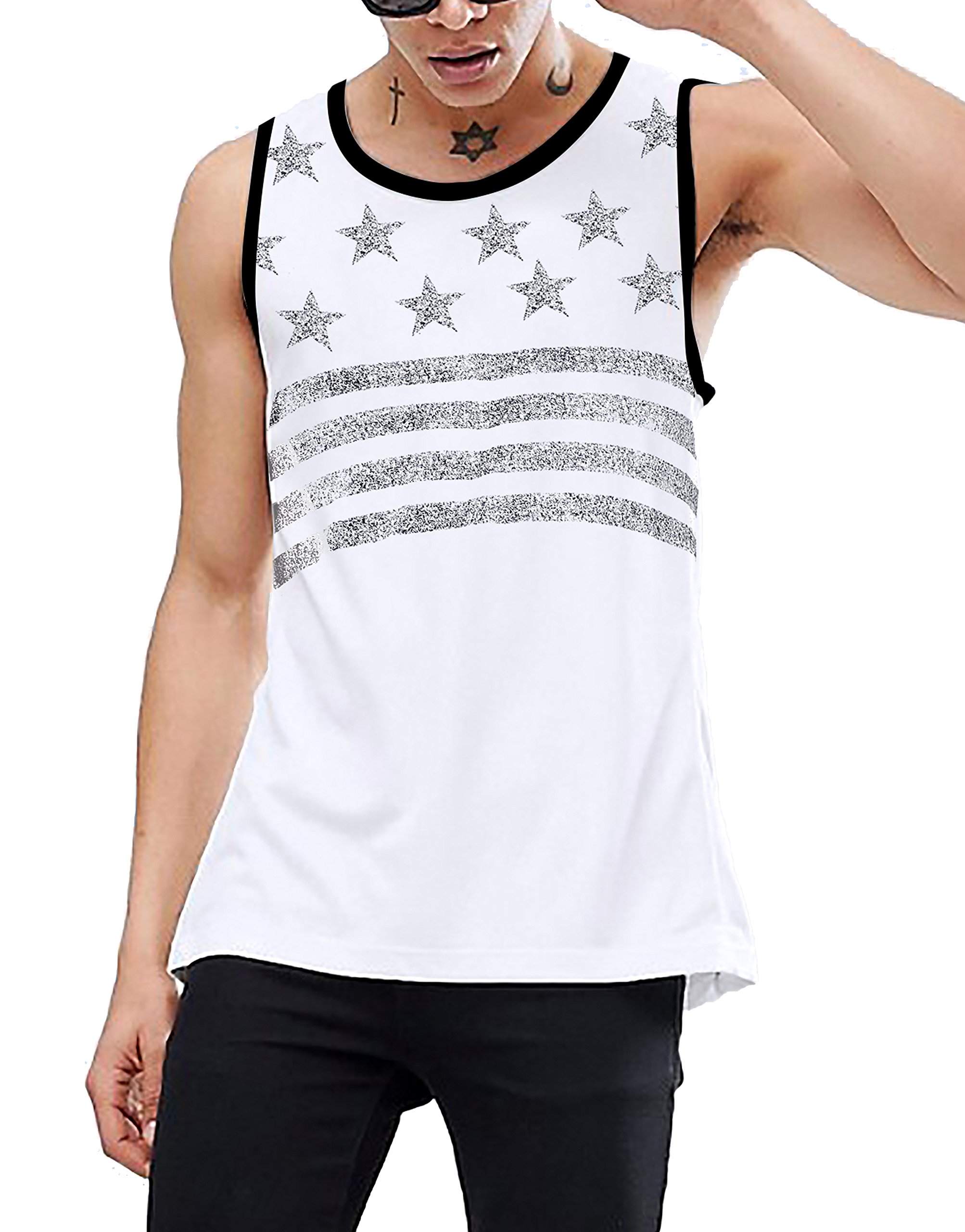 Men's Printed Round Neck Cotton Vest White-image-3