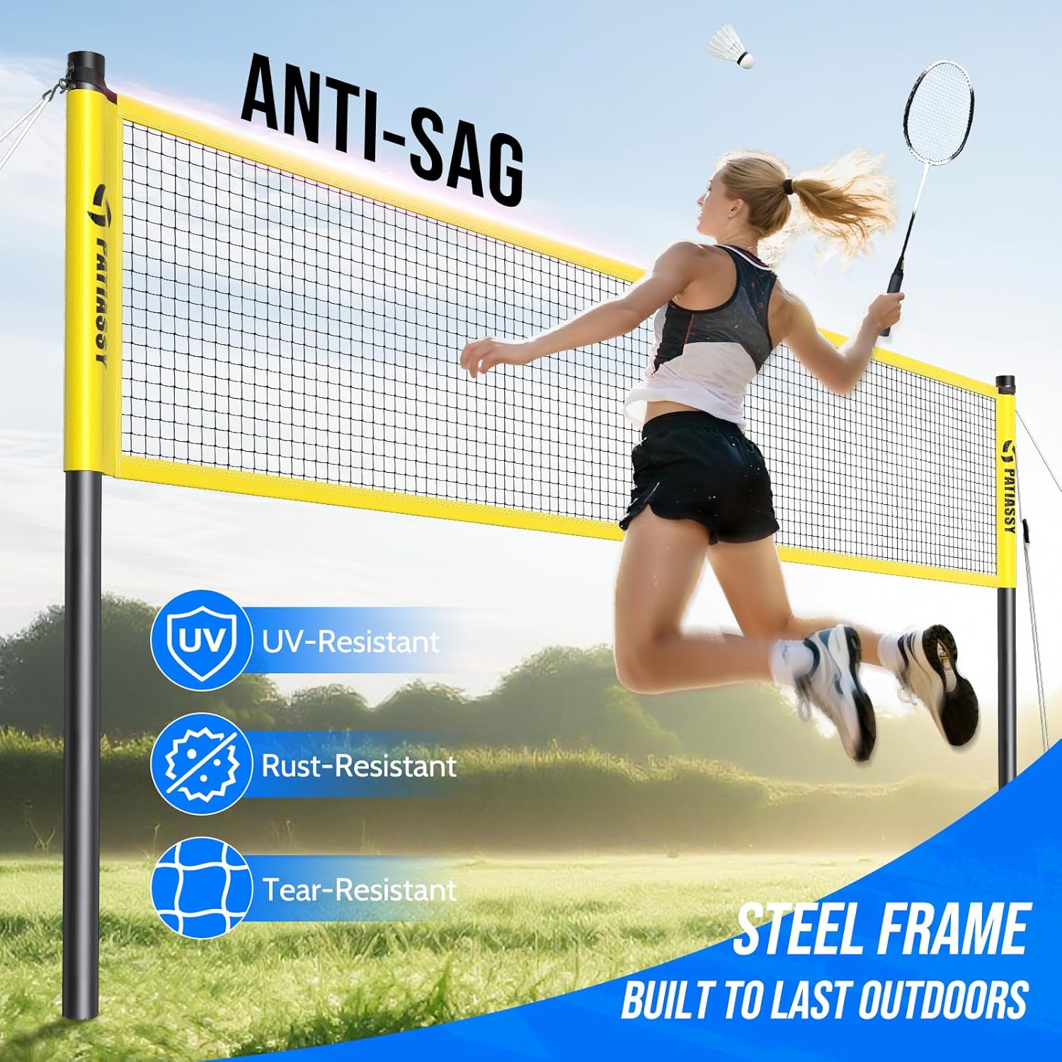 Badminton Set for Backyard, Outdoor Badminton Net with Anti-Sag Design, 4 Professional Badminton Rackets, 4 Shuttlecocks and Carry Bag for Lawn or Beach