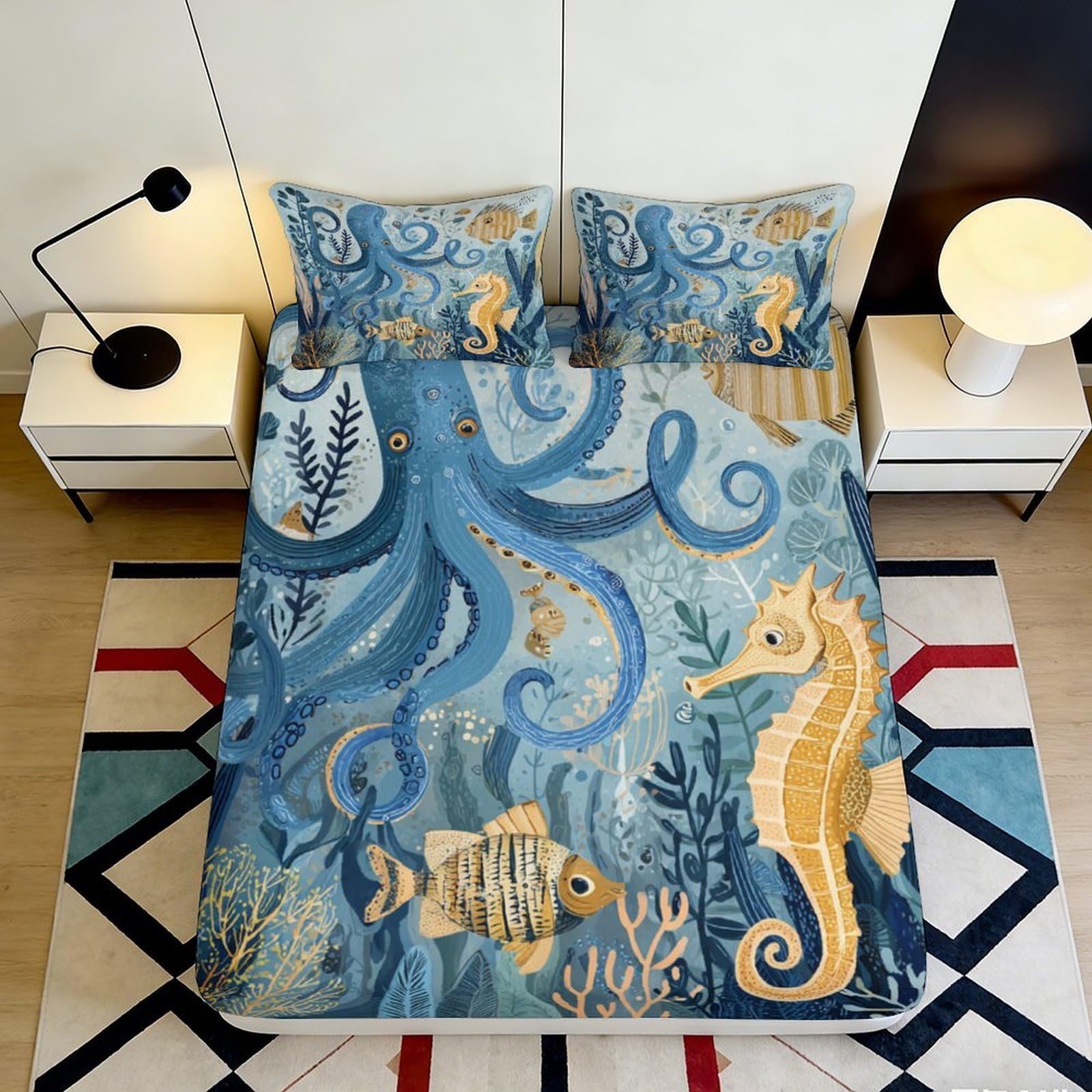 3D Printed Ocean Octopus Fitted Sheet Microfiber Soft Coral Sea Mattress Cover for Bedroom Guest Room Decor 90x200x25cm