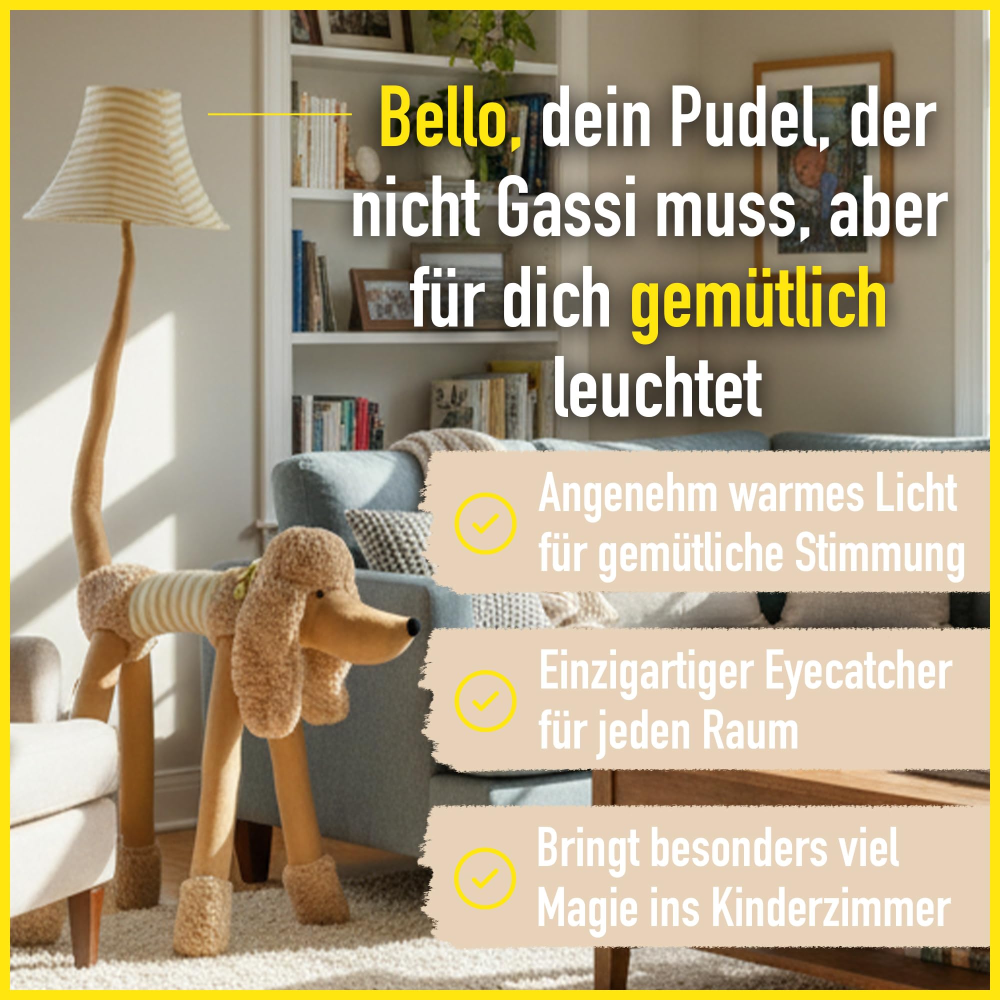 Happy Lamps Bello der Pudel LED-Stehampe 126 cm, Kinderzimmer Deko | handgefertigt, kindersicher, ideal fürs Kinderzimmer, Geschenkidee