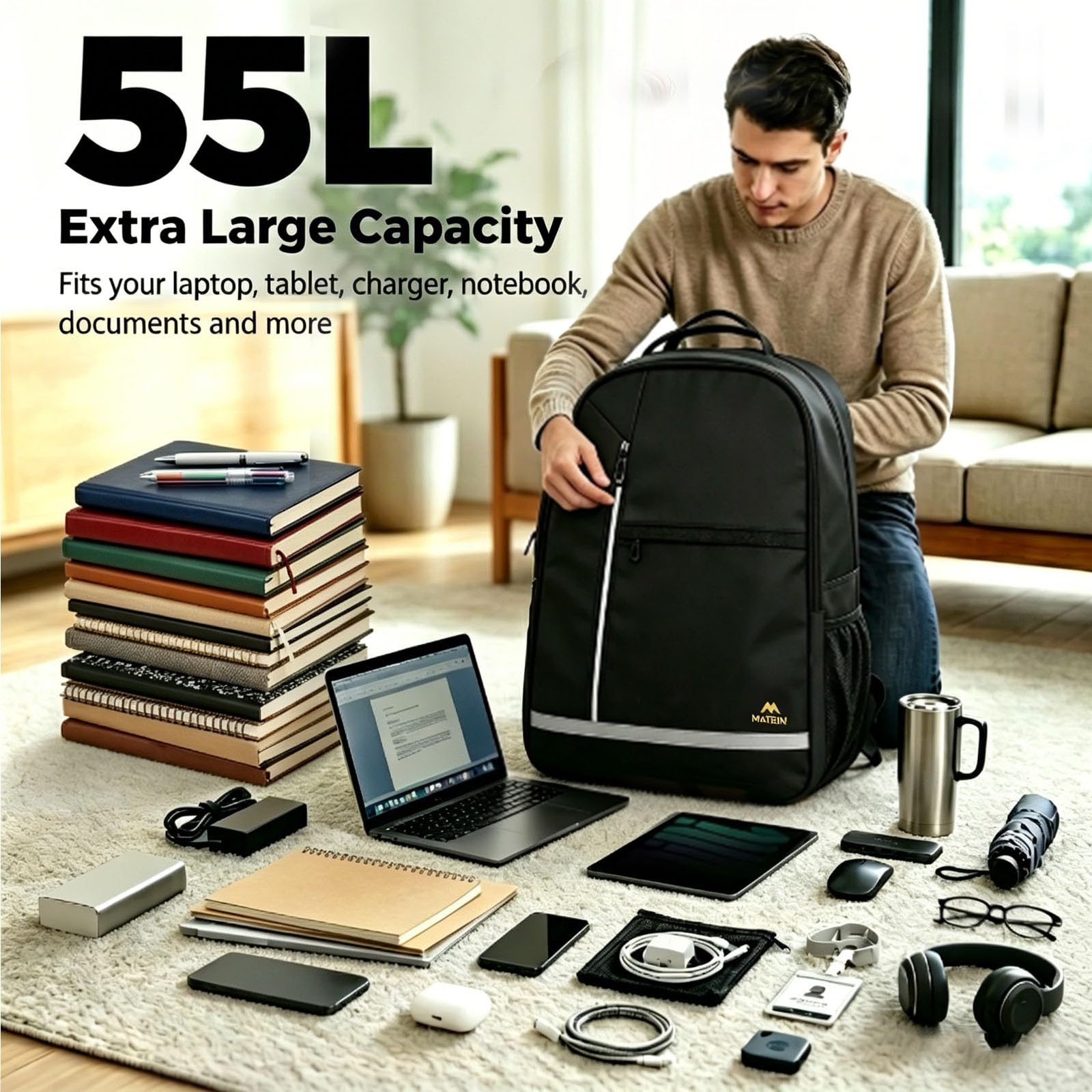 MATEIN Extra Large Backpack 55L, Work Backpack, Laptop Rucksack for Men Work, Large Rucksack with TSA Laptop Compartment, Spacious Capacity Fit for Office, Business Travel, Daily Use, Black — view 2