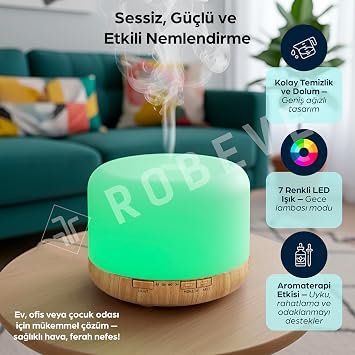 ROBEVE 500 ml Ultrasonik Aroma Difüzör Hava Nemlendirici Buhar Makinesi – Uzaktan Kumandalı – Zaman Ayarlı & 7 Renk LED Işık – Büyük Kapasiteli Nemlendirici – Ev, Ofis, SPA, Yoga İçin