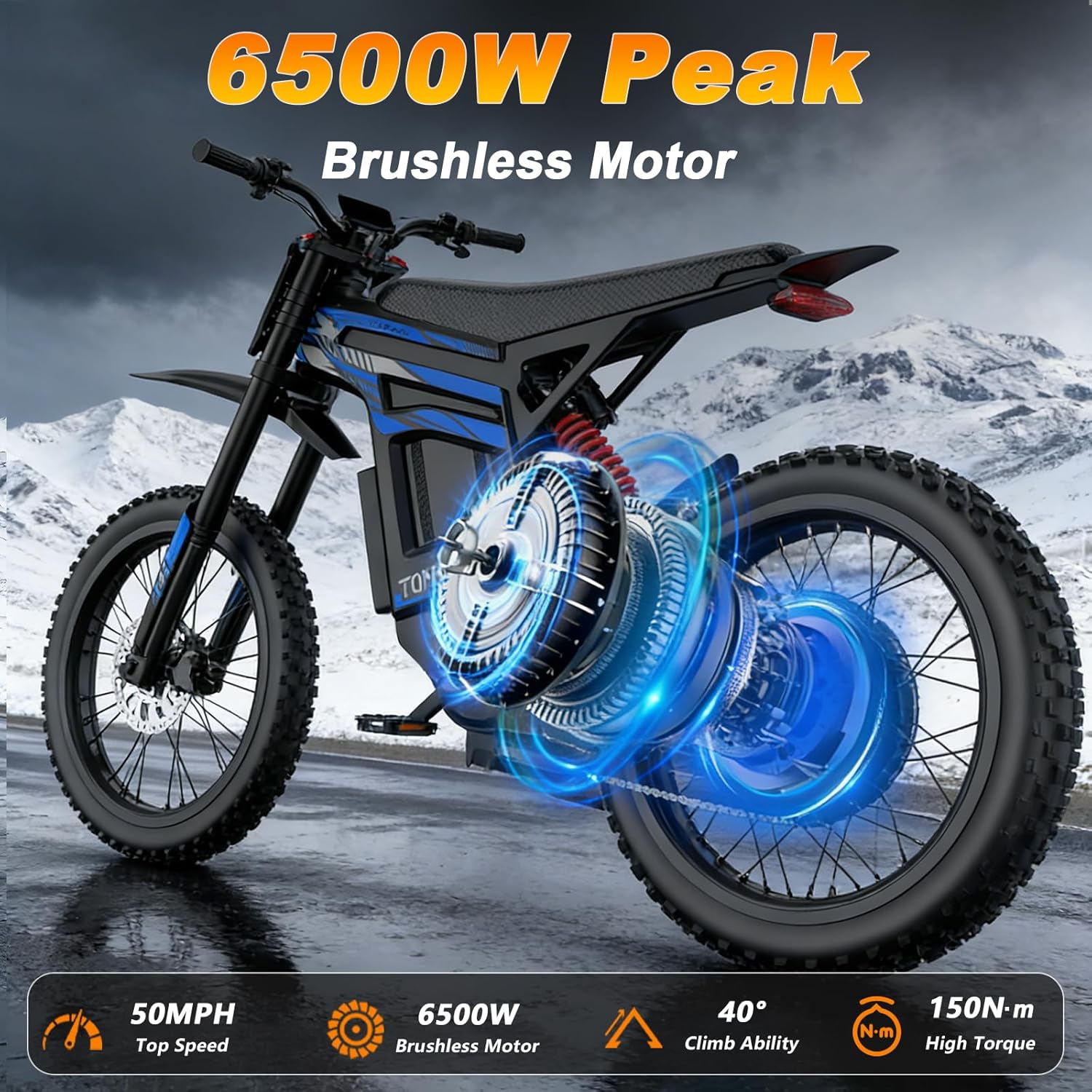 Tomofree 6500W Electric Dirt Bike for Adults, Max 50MPH Electric Bike, 19‘’x 17'' Off Road Tires Dirtbike, 75 Miles Long Range Electric Motorcycle, with 72V 30 Ah Battery, Full Suspension