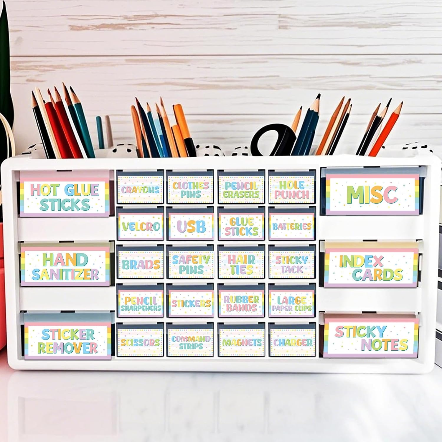 54 Pcs Classroom Toolbox Labels Classroom Decoration Self-Adhesive Pastel Toolbox Sticker Pastle Tool Box Storage Decal Light Color Organizer Container Decor for Back to School Teacher Supplies
