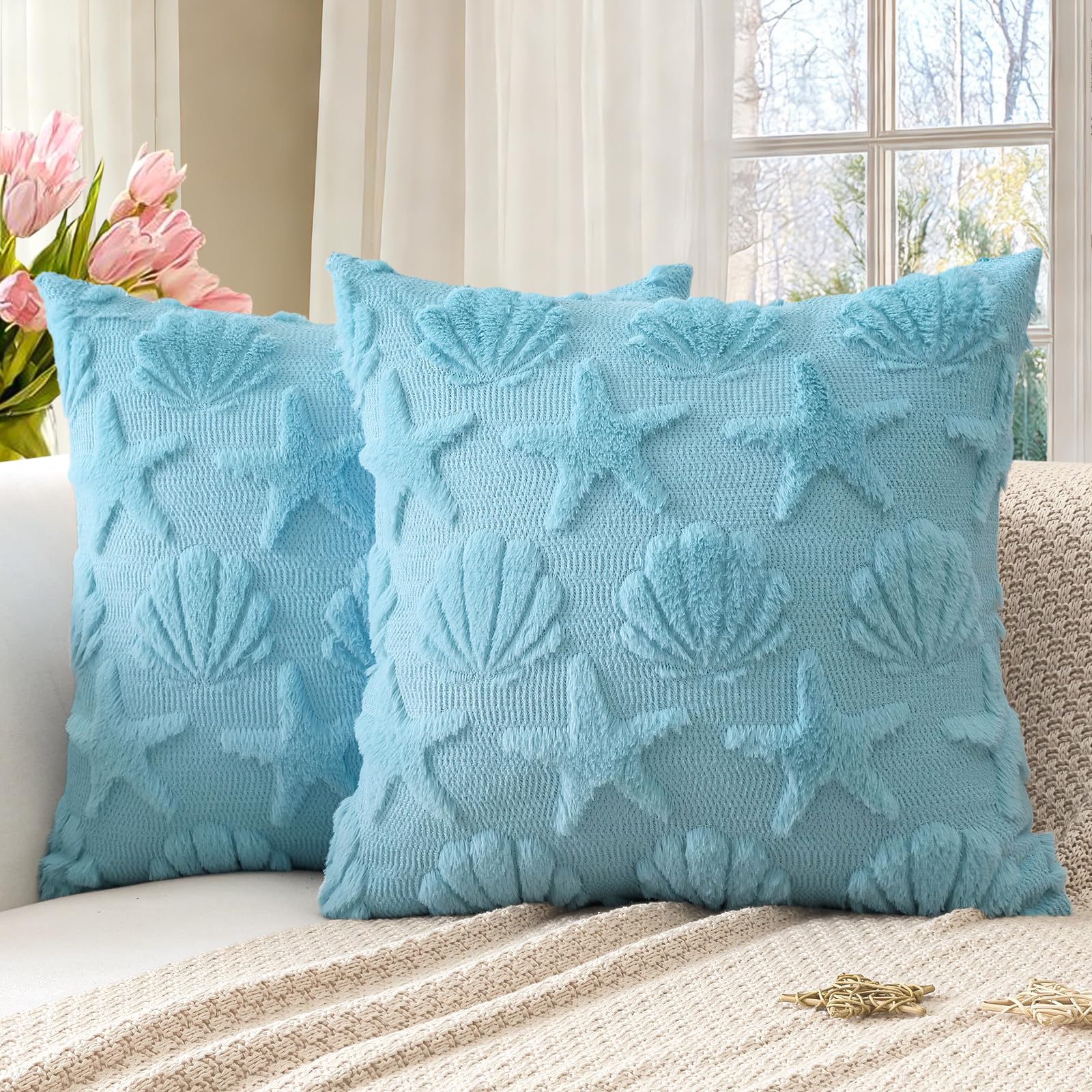Artscope Shell Starfish Cushion Covers Set of 2 Beach Seaside Throw Pillow Covers for Sofa Square Spring Summer Soft Plush Short Wool Velvet Pillowcase Holiday Decor Light Blue, 50x50cm โ image 1