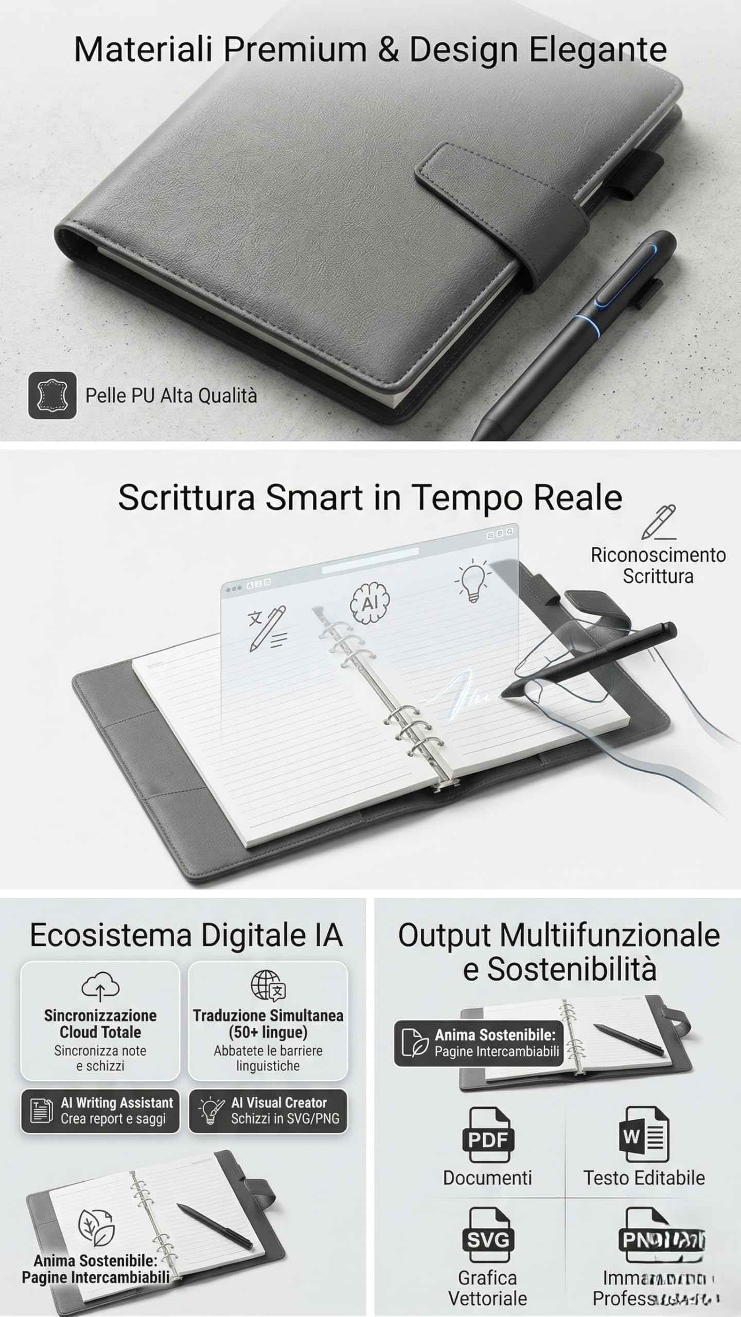 Taccuino Digitale con Penna Intelligente Bluetooth 5.0 | Block Notes Digitale Riutilizzabile, Agenda Elettronica Portatile con IA, Cloud e USB-C | Pelle PU Aicard Smart Agenda AI Edition