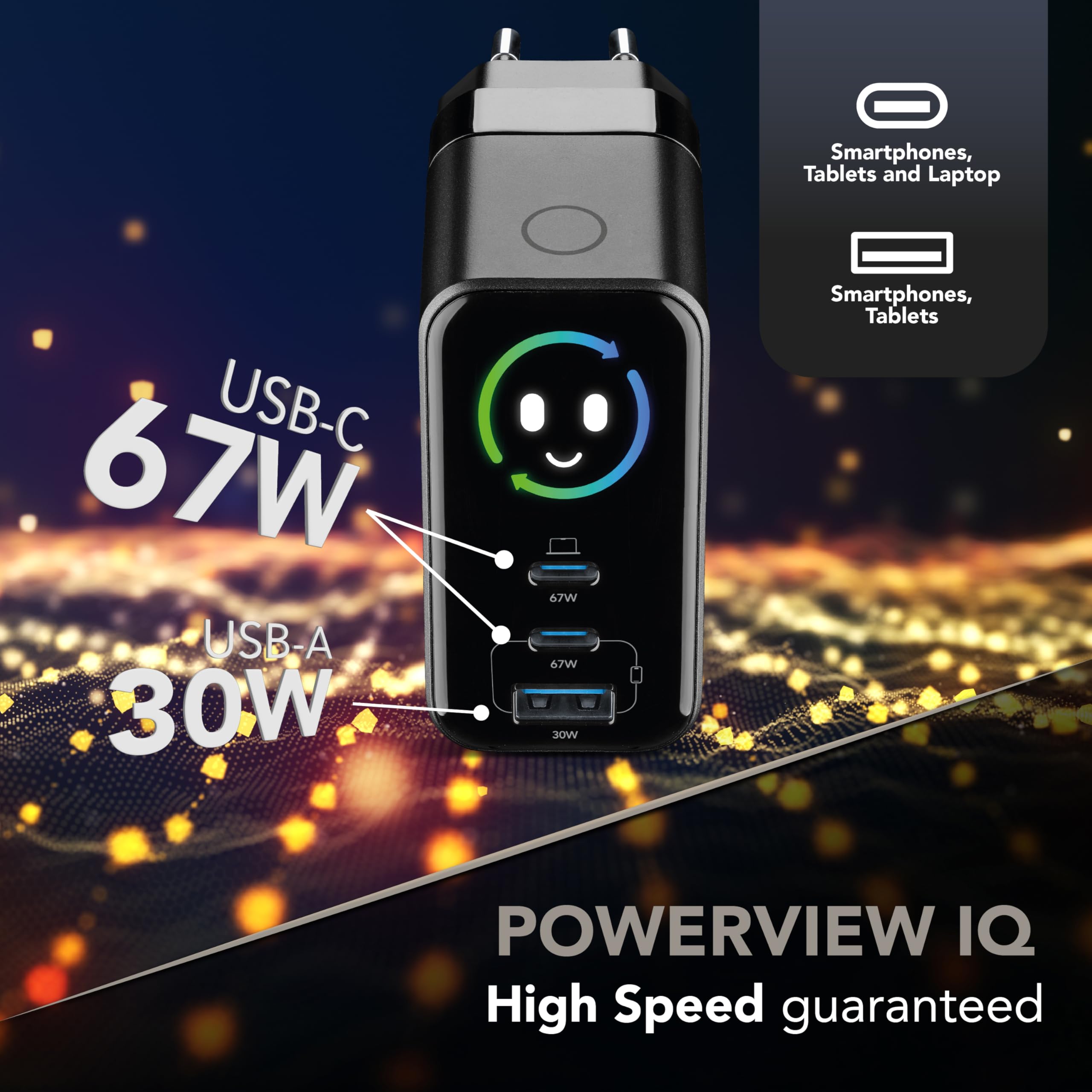 Cellularline PowerView IQ ładowarka sieciowa 67 W z wyświetlaczem TFT, czarna