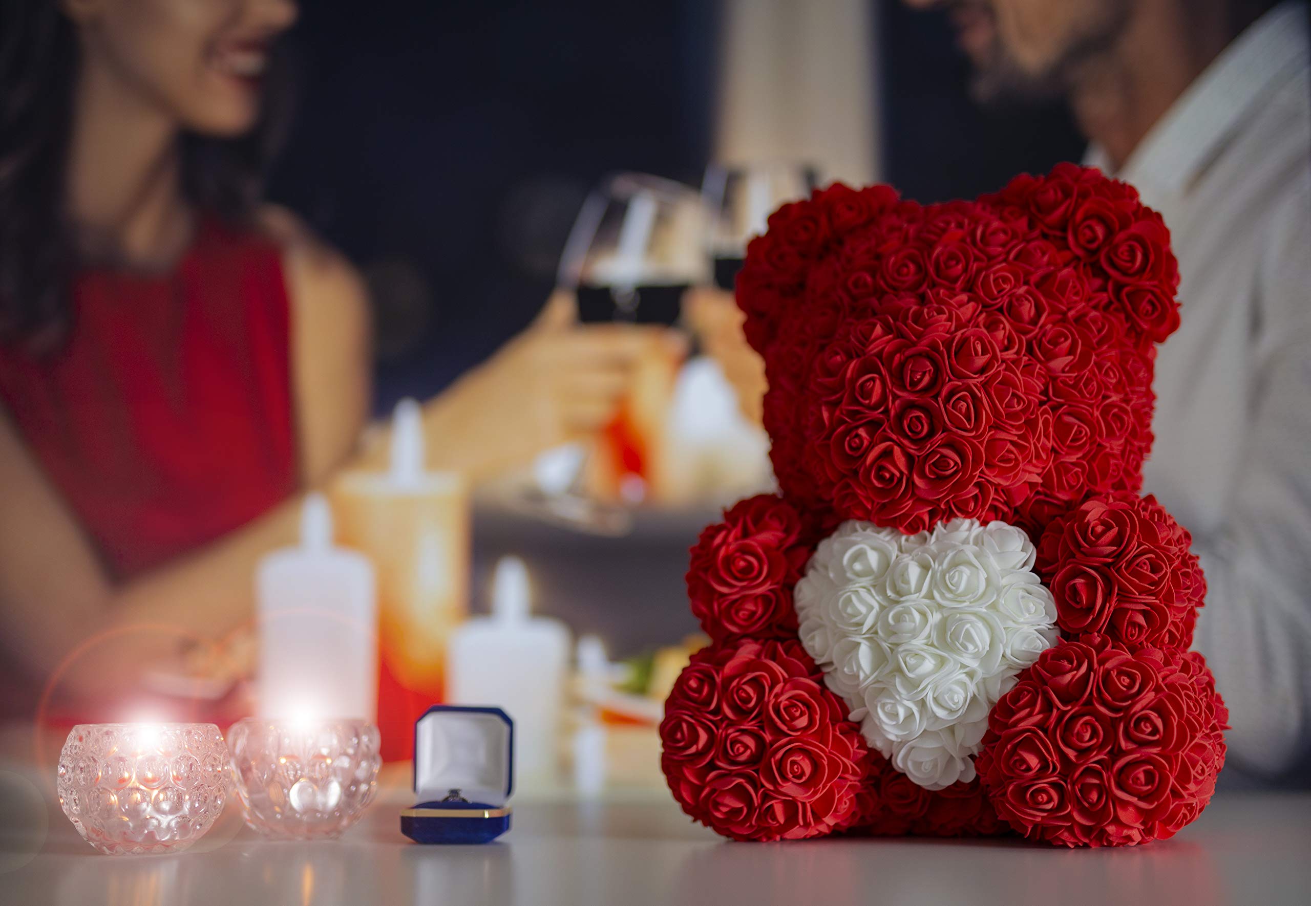 Różany miś, kwiatowy miś z pudełkiem prezentowym, prezent urodzinowy dla kobiet, prezent dla dziewczyny na urodziny, rocznicę, Rose Bear miś pluszowy, prezent na rocznicę ślubu