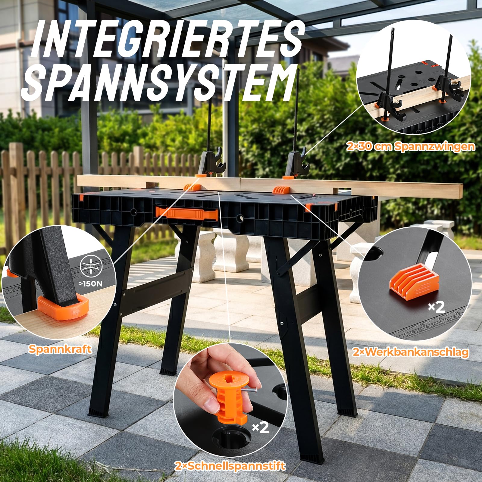 TLGREEN Klappbare Werkbank mit Integrierter Steckdose, Tragbare Werktisch | Sägebock Arbeitstisch inkl. 2 pcs Einhandzwinge, für Werkstatt, Garage, Baustelle & DIY, bis 300-500kg, 86 x 55 × 79cm