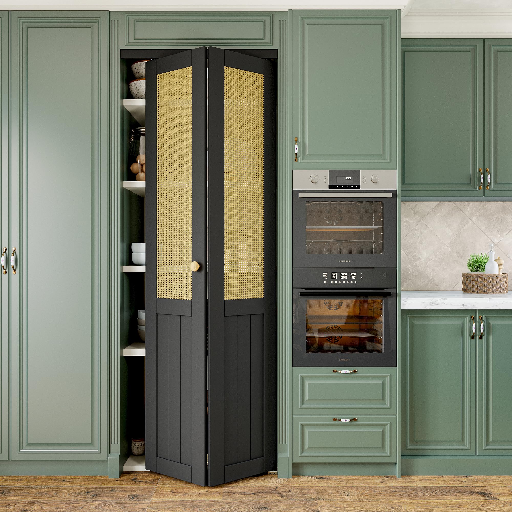 AINLARRY 30'' x 80" Ratten Bifold Closet Door, Cane Webbing Wood Interior Wicker Door Slab, Build Quality Black Folding Barn Doors (77.75'' High