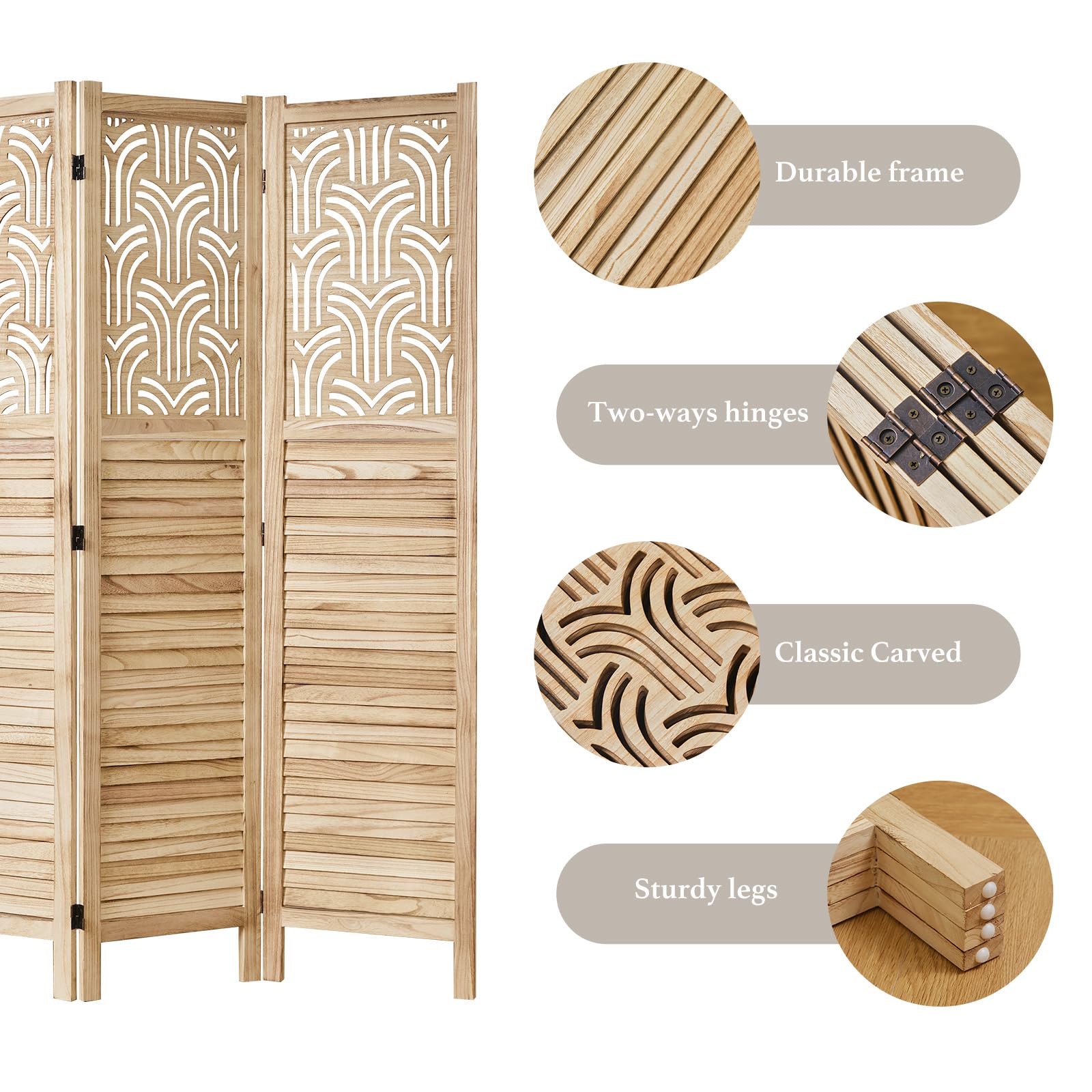 Folding Room Divider, 66.9 Inch 4 Panels Wood Carved Privacy Screens, Free Assembled Freestanding Portable Separation Wall for Home Office Bedroom (Natural)